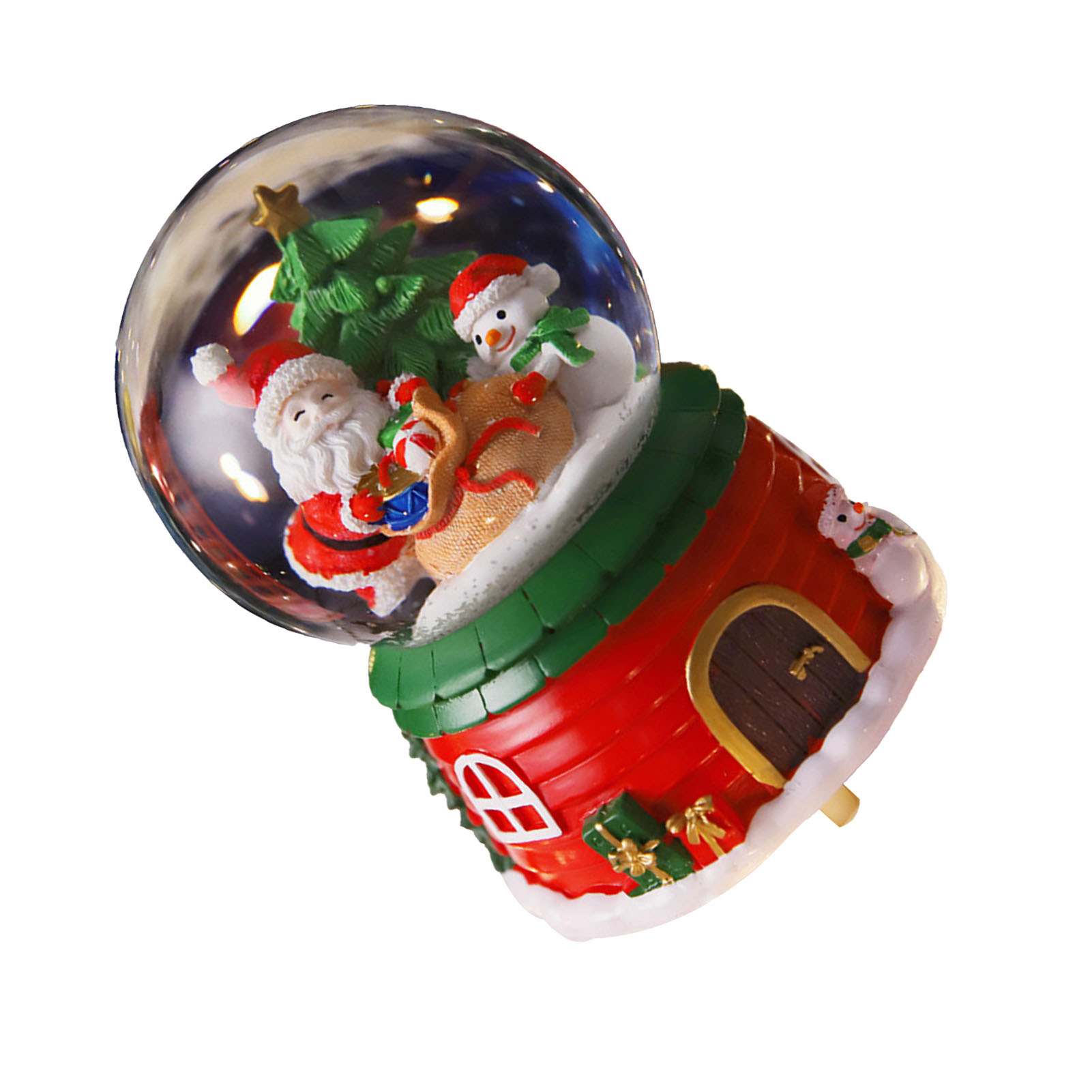 Eine Schneekugel mit Weihnachtsmann, Schneemann und Weihnachtsbaum. Rotes Haus mit grünem Dach und Tür.