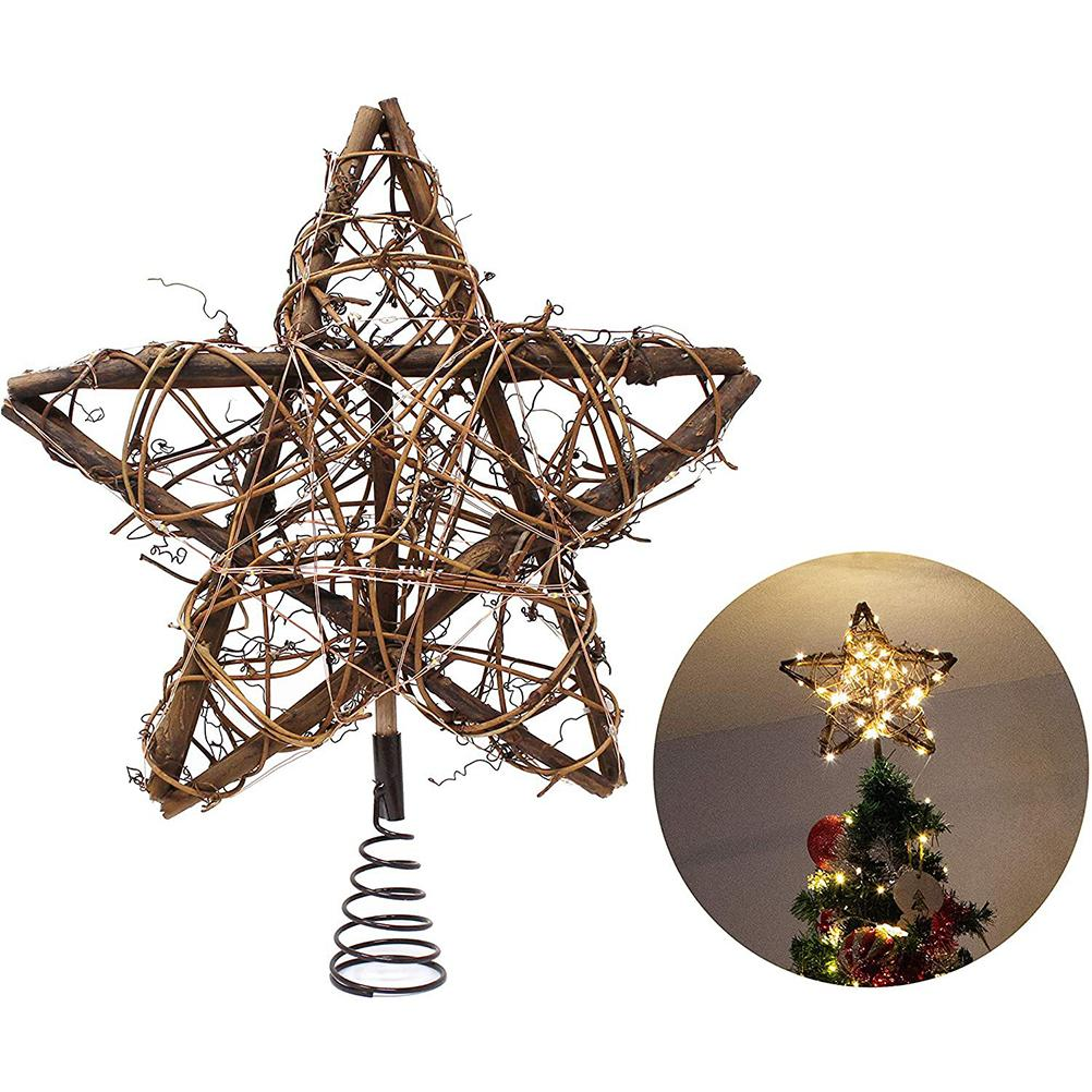 Ein sternförmiger Weihnachtsbaumschmuck aus geflochtenen braunen Zweigen. Ein kleineres Bild zeigt ihn mit Lichtern auf einem Baum.