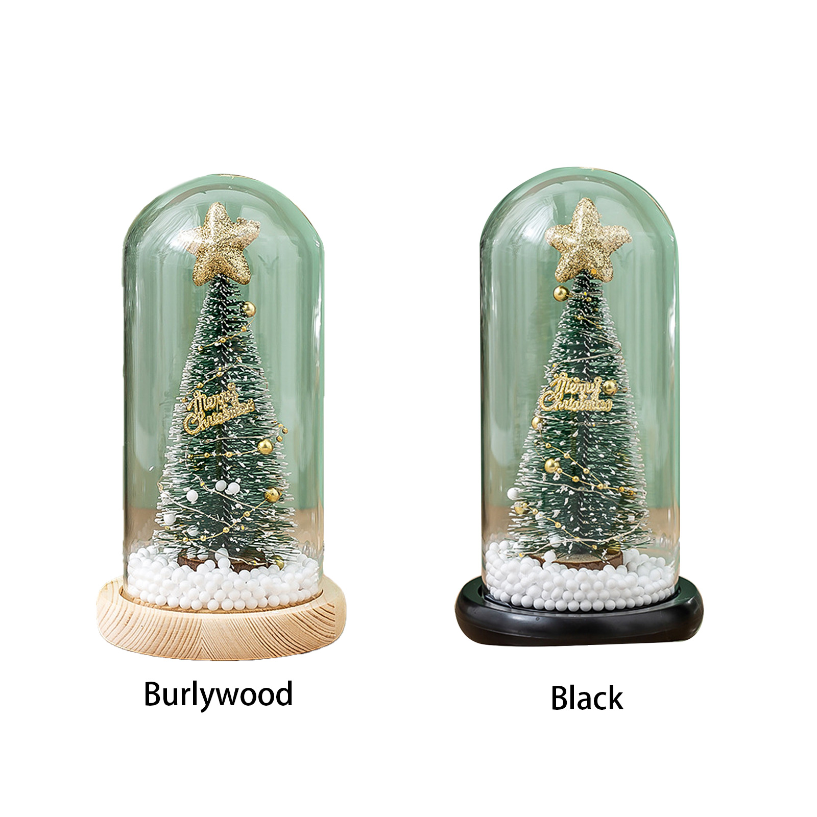 Zwei Weihnachtsbaumornamente in Glaskuppeln. Eines auf einem Burlywood-Sockel, das andere auf einem schwarzen Sockel, beide mit Sternen.