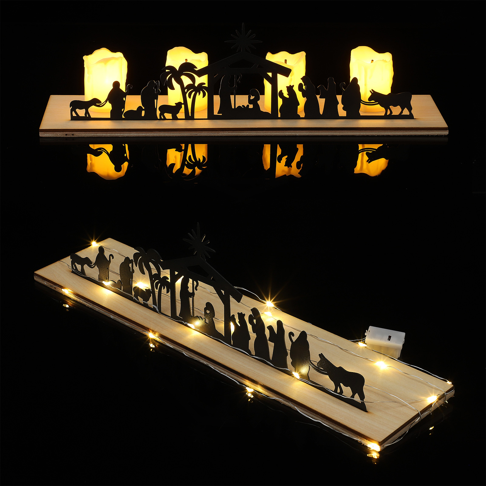 Hölzerne Krippenszene mit Silhouettenfiguren, beleuchtet von Kerzen und Lichterketten, auf schwarzem Hintergrund.