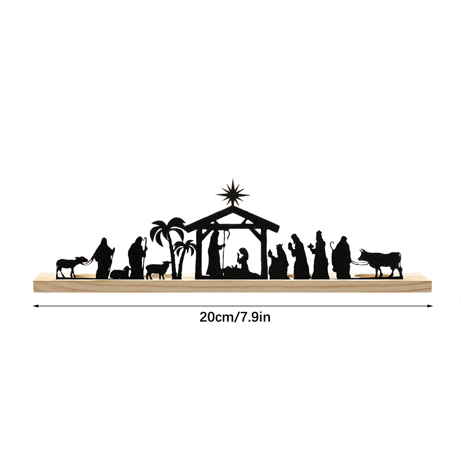 Schwarze Silhouette einer Krippenszene auf Holzsockel, mit Figuren, Tieren und einem Stern.