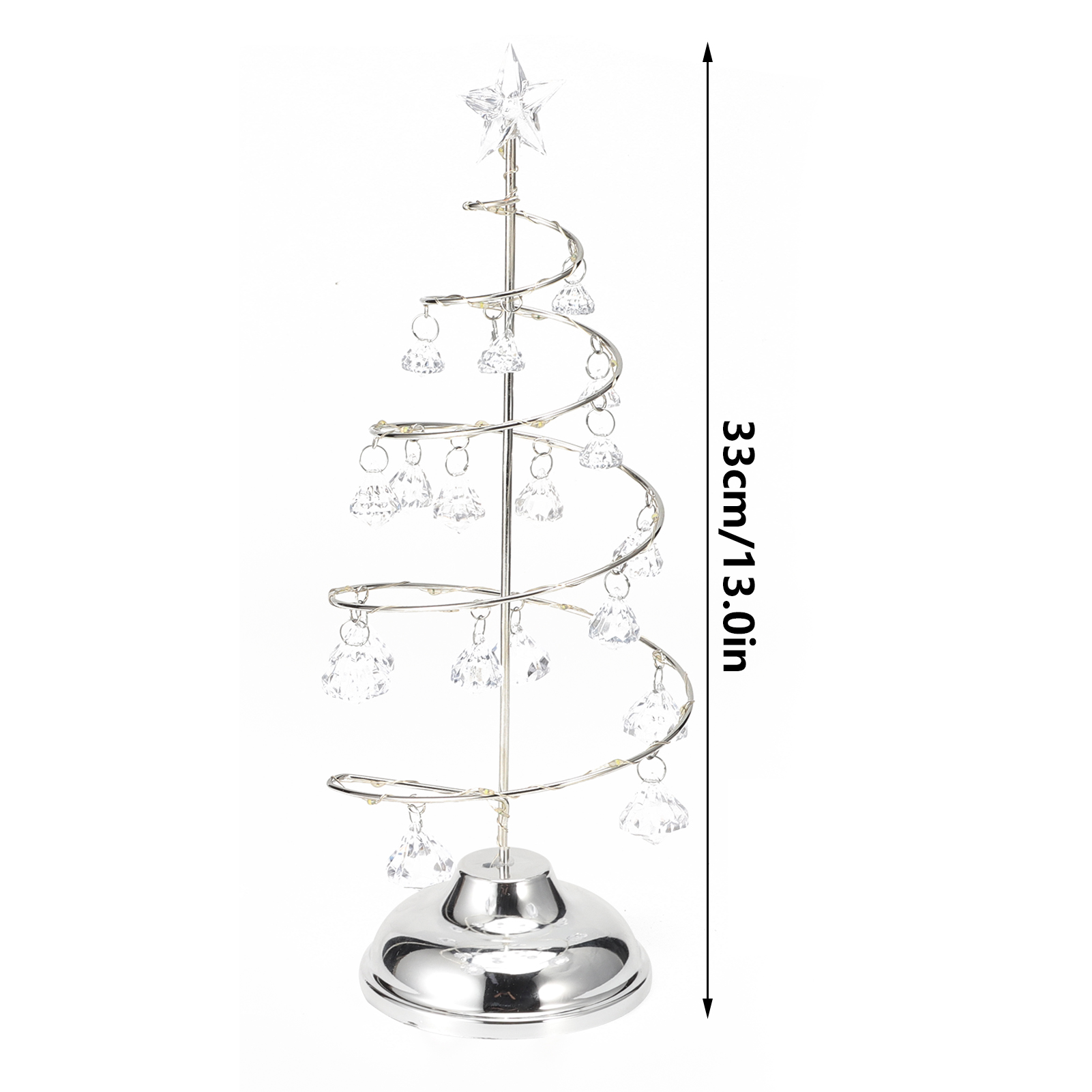 Ein silberner, spiralförmiger Weihnachtsbaum mit Kristallornamenten und einem Sternaufsatz auf weißem Grund.