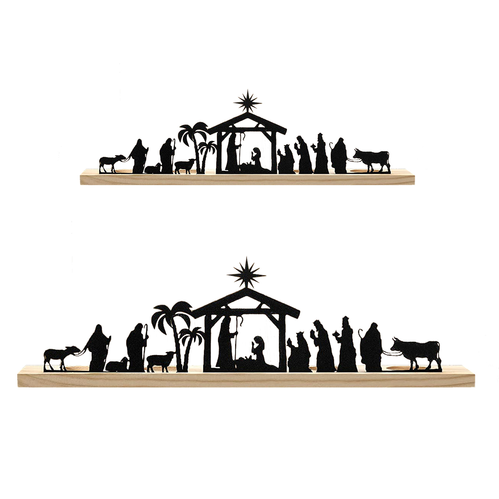 Schwarze Metall-Weihnachtskrippe auf einem Holzregal mit Silhouetten von Figuren und Tieren vor weißem Hintergrund.