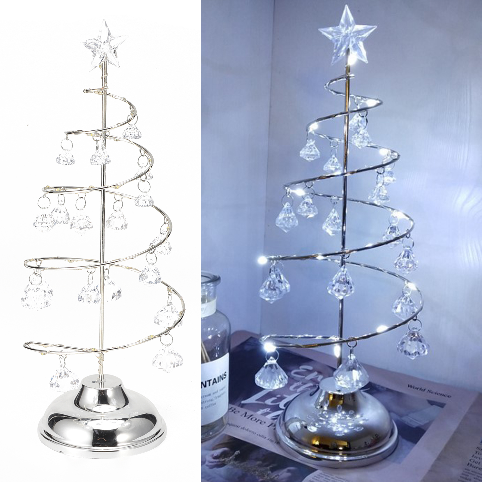 Ein dekorativer silberner Weihnachtsbaum in Spiralform mit Kristallornamenten und Sternaufsatz, beleuchtet, auf reflektierender Basis.