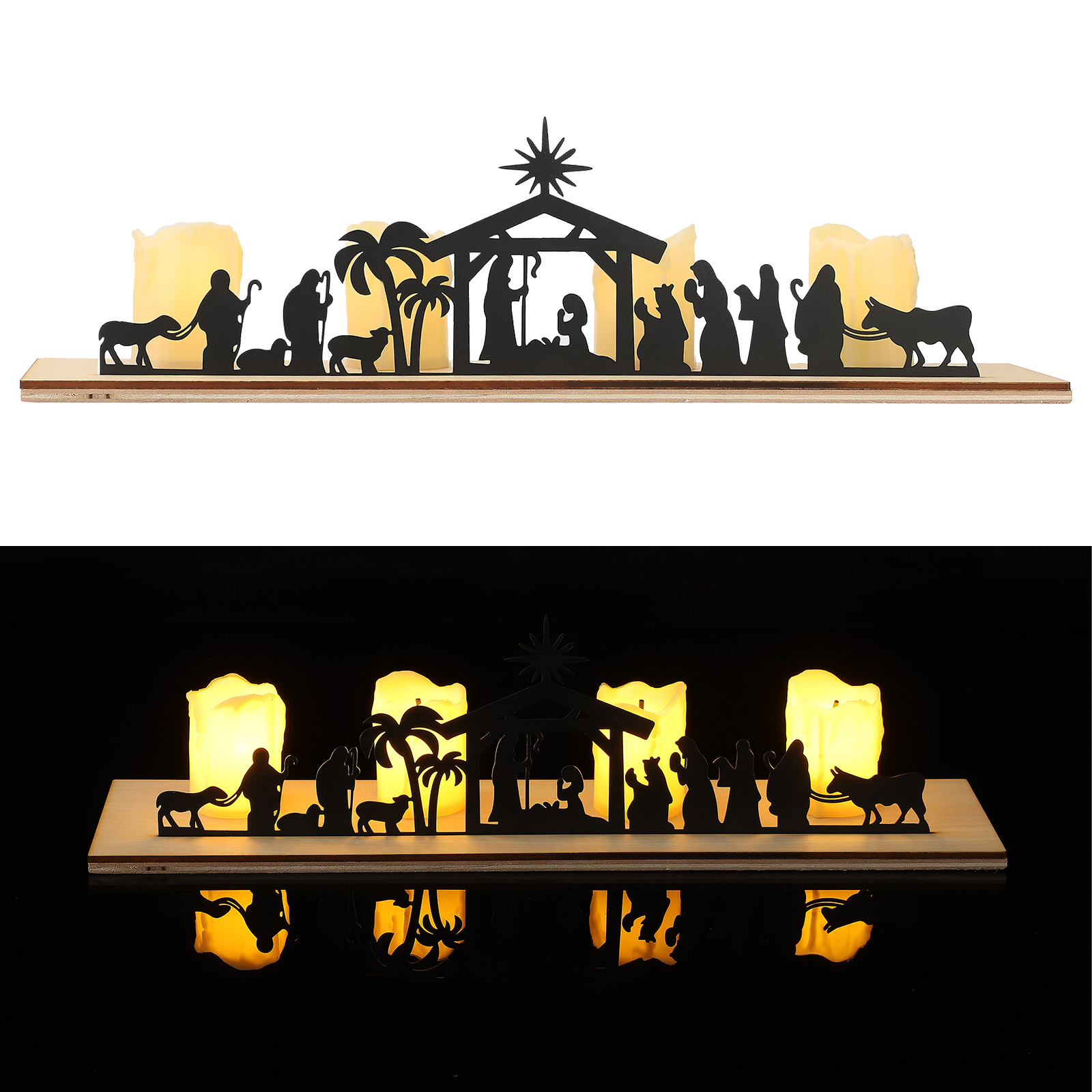 Eine Krippensilhouette mit Kerzen. Zu den Figuren gehören Maria, Josef, Weise und Tiere. Holzsockel und Stern.