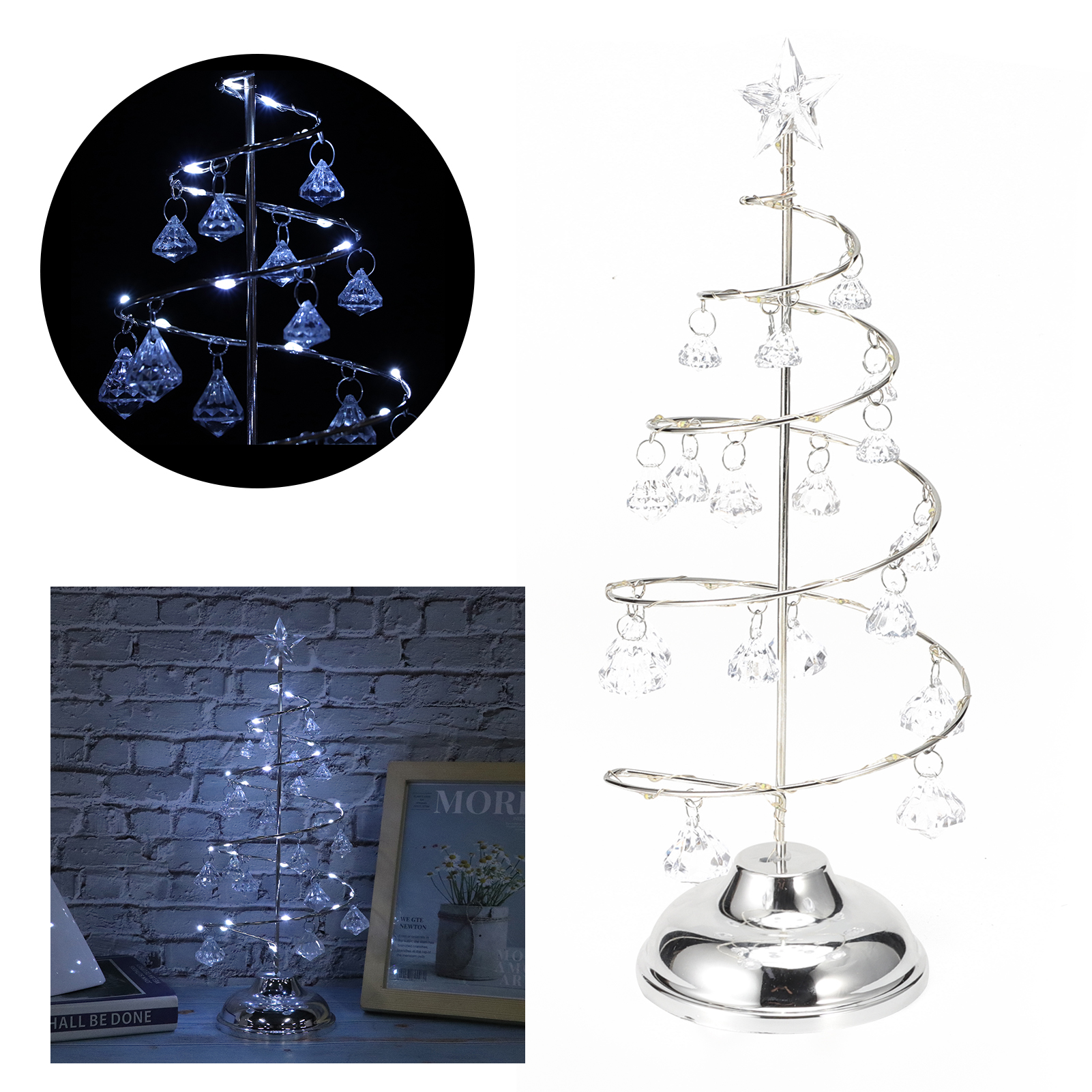 Ein dekorativer spiralförmiger Weihnachtsbaum mit Kristallornamenten. Er hat einen Stern oben und ist mit weißen Lichtern beleuchtet.