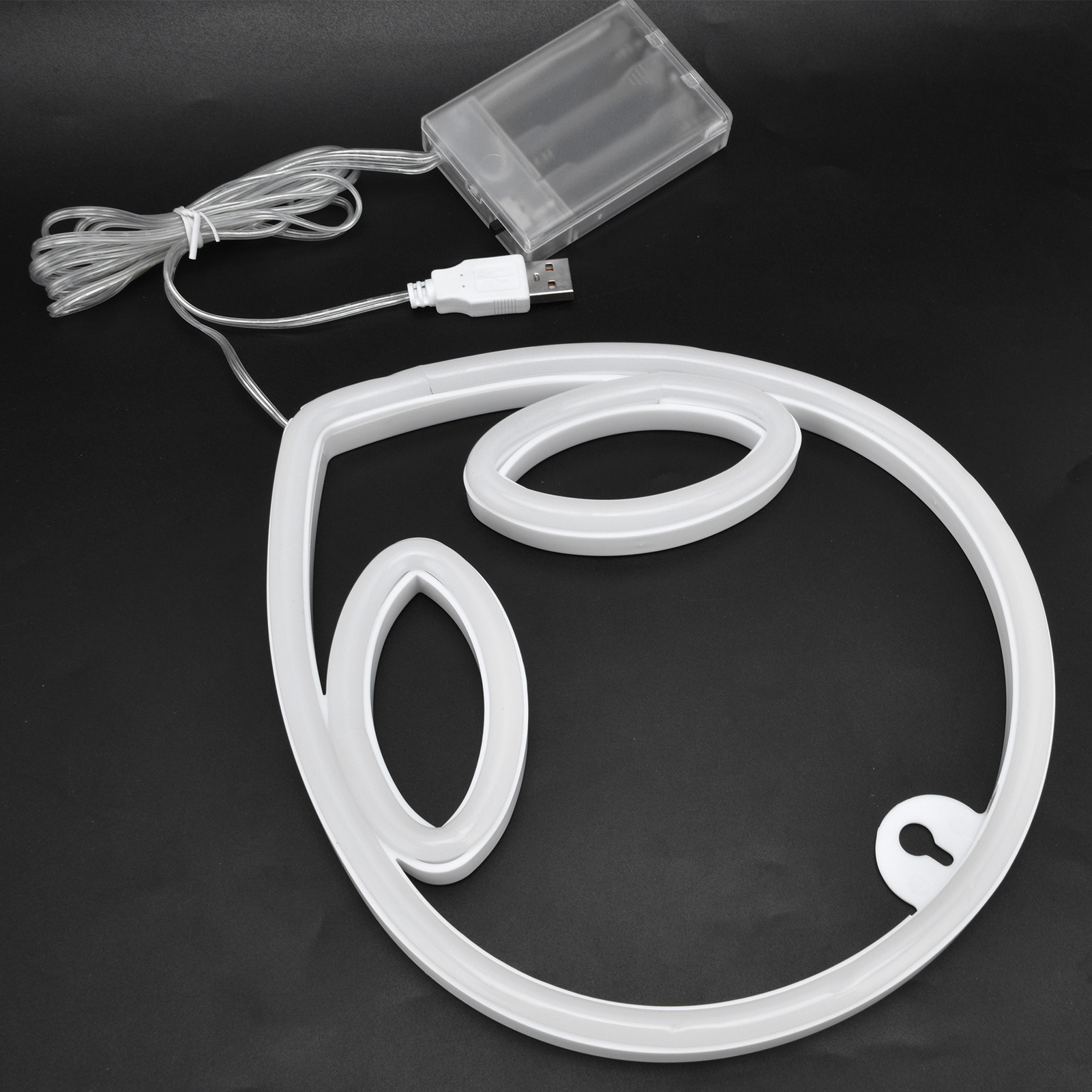 Weißes Neonlicht in Form eines Ovals und eines Kreises mit einem Akkupack und USB-Kabel auf schwarzem Hintergrund.