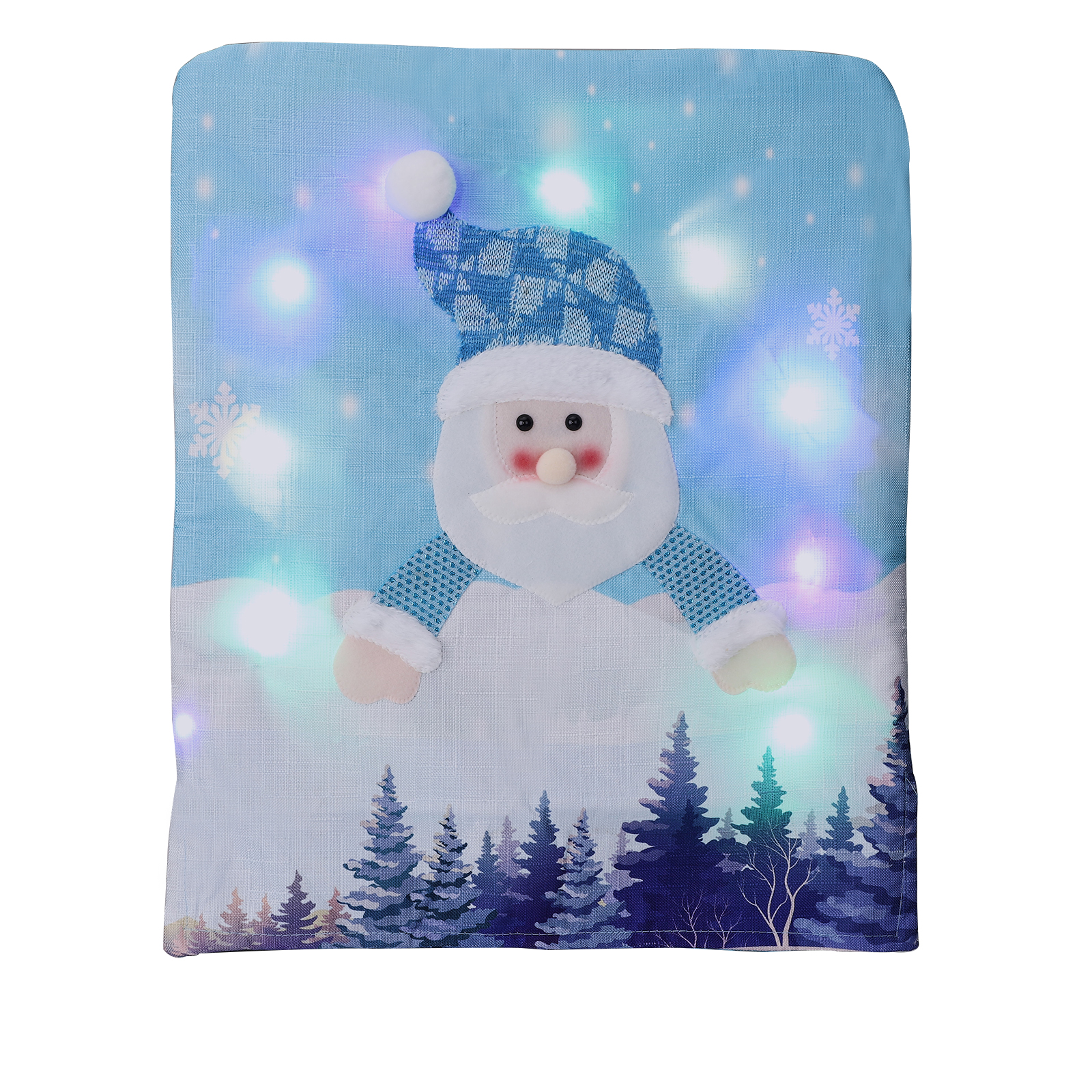Weihnachtlicher Stuhlüberzug mit Weihnachtsmann-Design. Blaue Mütze, weißer Bart und eine Waldlandschaft im Hintergrund.