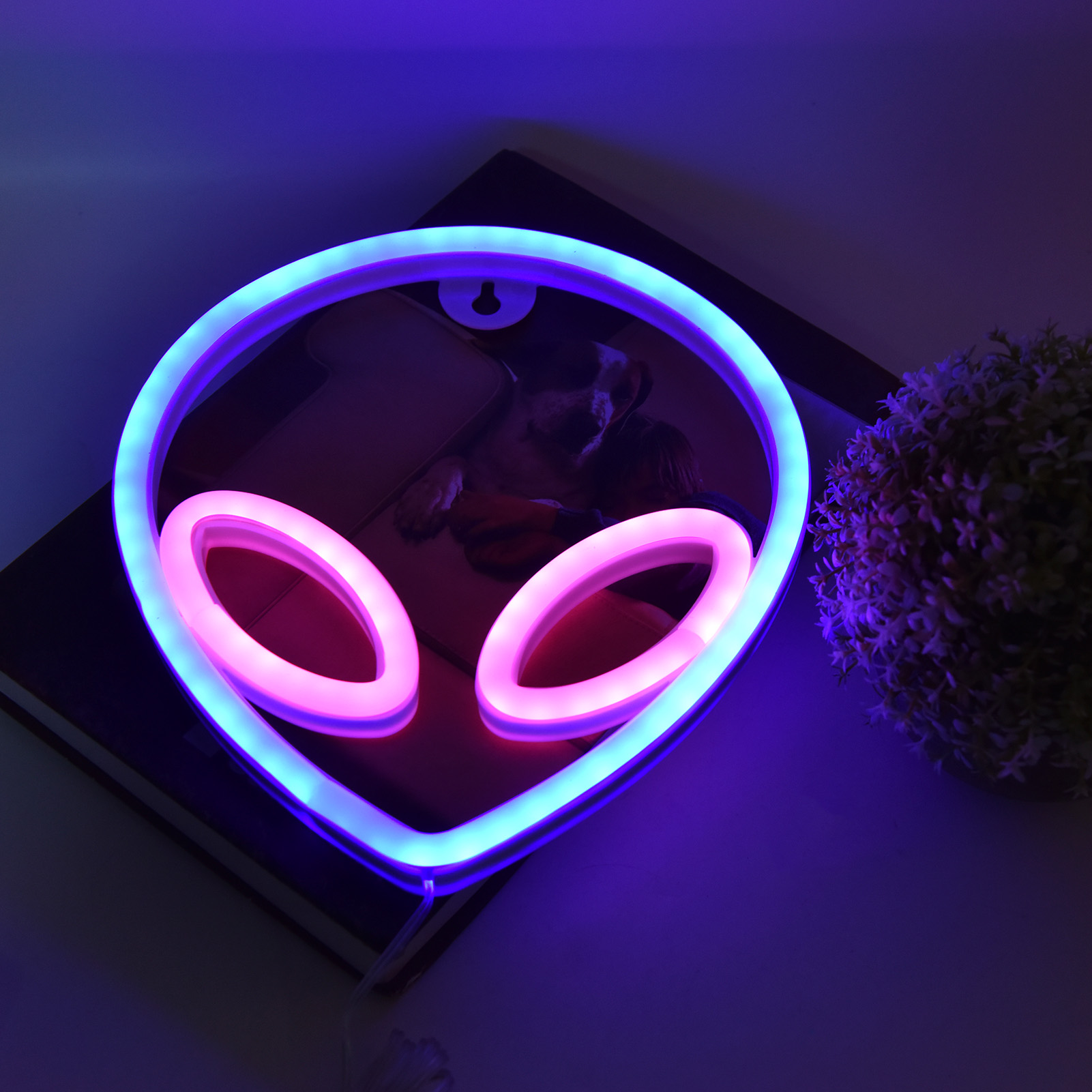 Neon-Alien-Kopfschild mit rosa Augen und blauem Umriss auf dunkler Oberfläche neben einer Pflanze.