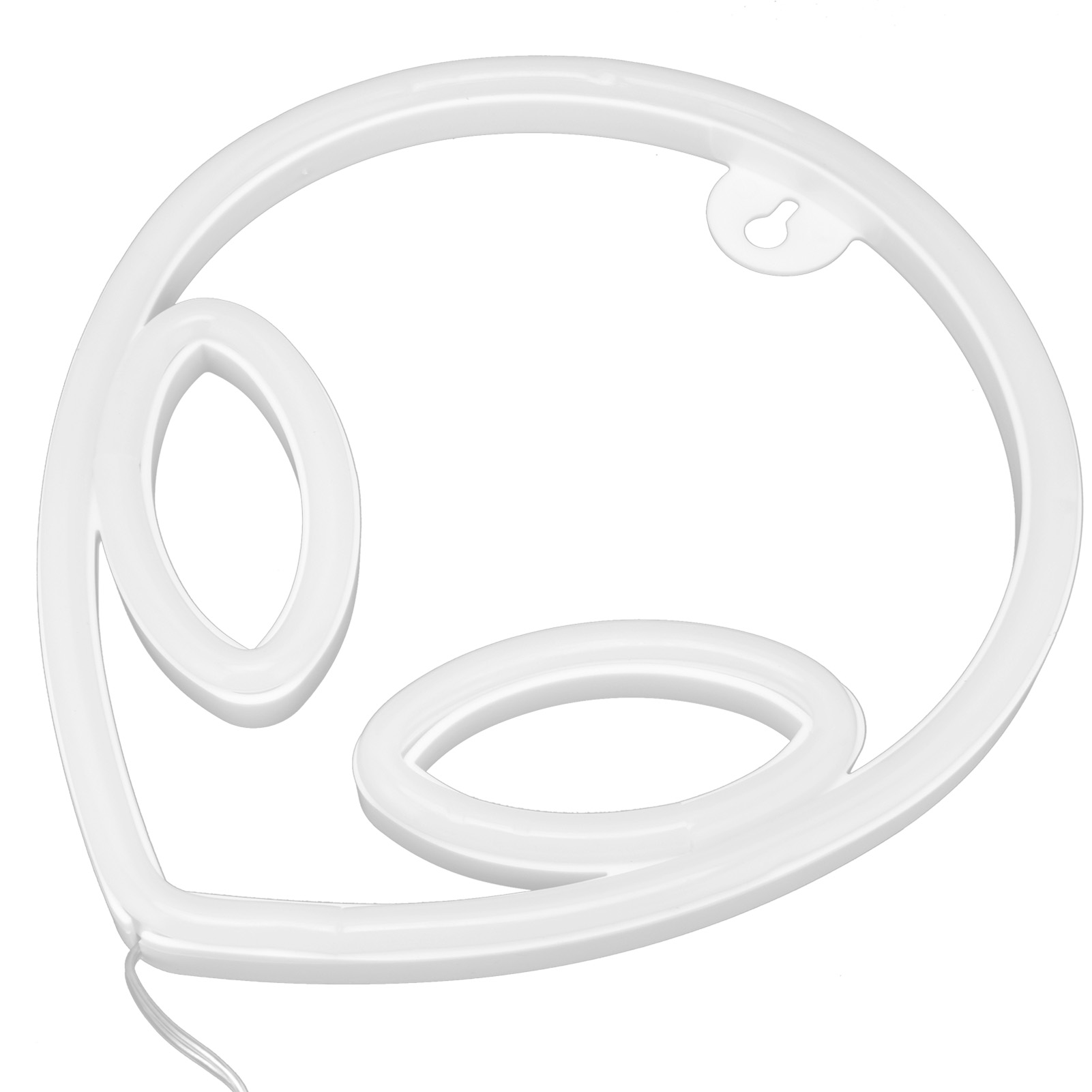 Weißes, abstraktes, an der Wand befestigtes Neonlicht in einem Schleifendesign. Es hat einen Haken zum Aufhängen und ein Netzkabel.