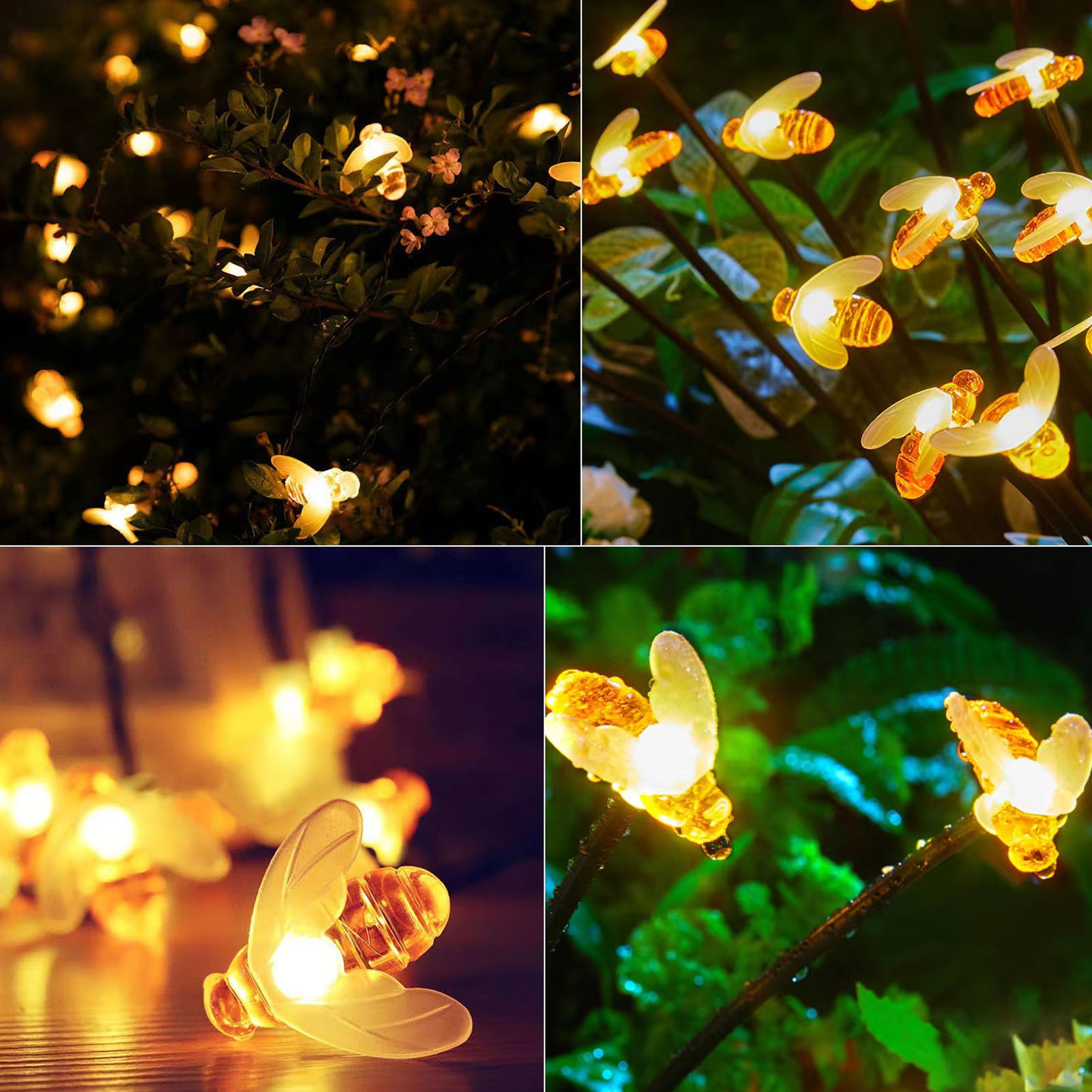 Dekorative Lichter in Form von Bienen. Sie sind gelb und weiß und werden auf einem grünen Busch platziert. Der Hintergrund ist dunkel.