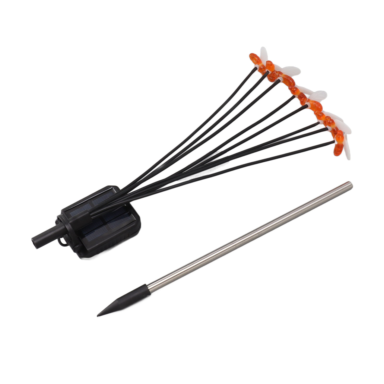 Solar-Gartenstecker mit schwarzen Stielen, orangefarbenen und weißen Blüten und einem silbernen Stiel. Isoliert auf weißem Hintergrund.