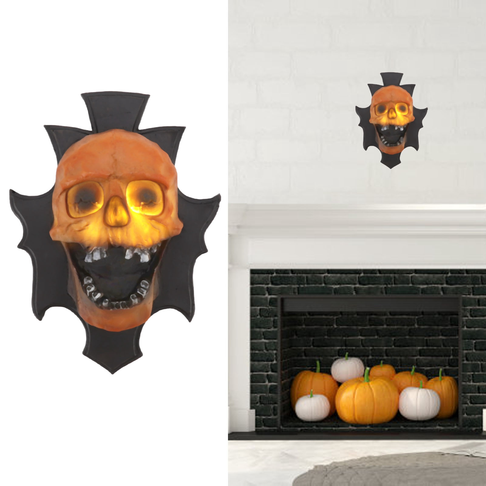 Orangefarbene Totenkopf-Dekoration mit leuchtenden Augen, schwarzem fledermausförmigen Rahmen und Kürbissen. Halloween-Thema.