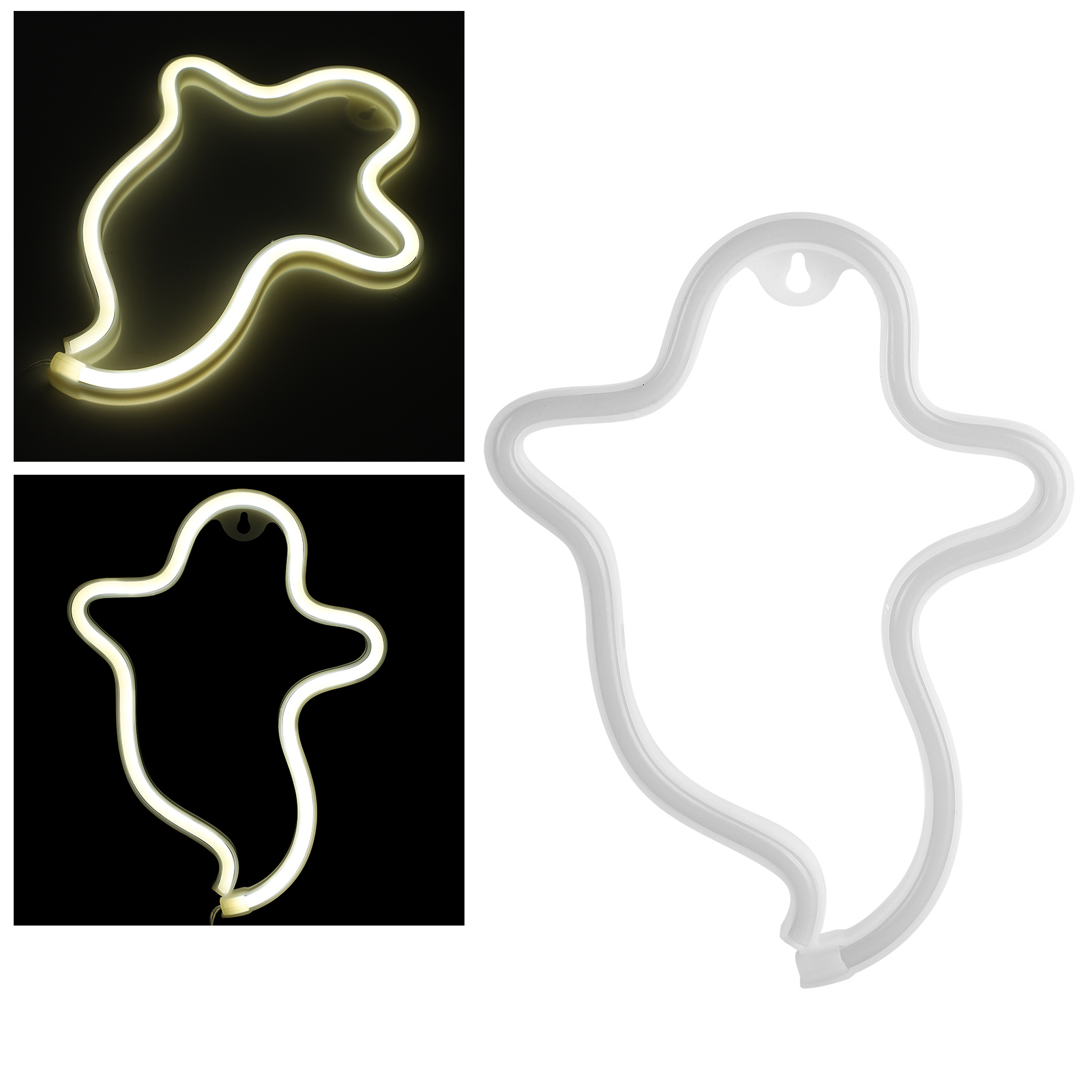 Das Bild zeigt ein geisterförmiges Neonlicht. Das Licht ist weiß und leuchtet. Drei Versionen des Geistes sind abgebildet.