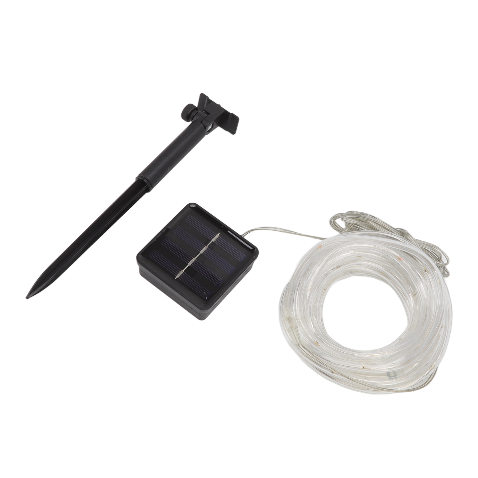 Solar-Gartenlicht-Kit mit schwarzem Pfahl, Panel und aufgerollten Lichterketten auf weißem Hintergrund.