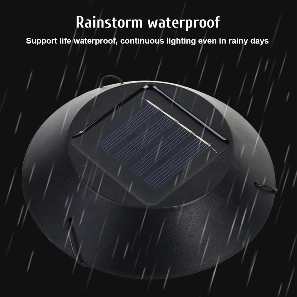Schwarze Solarleuchte mit Solarpanel, Regen-Effekt und Text über Regenwasserdichtigkeit.