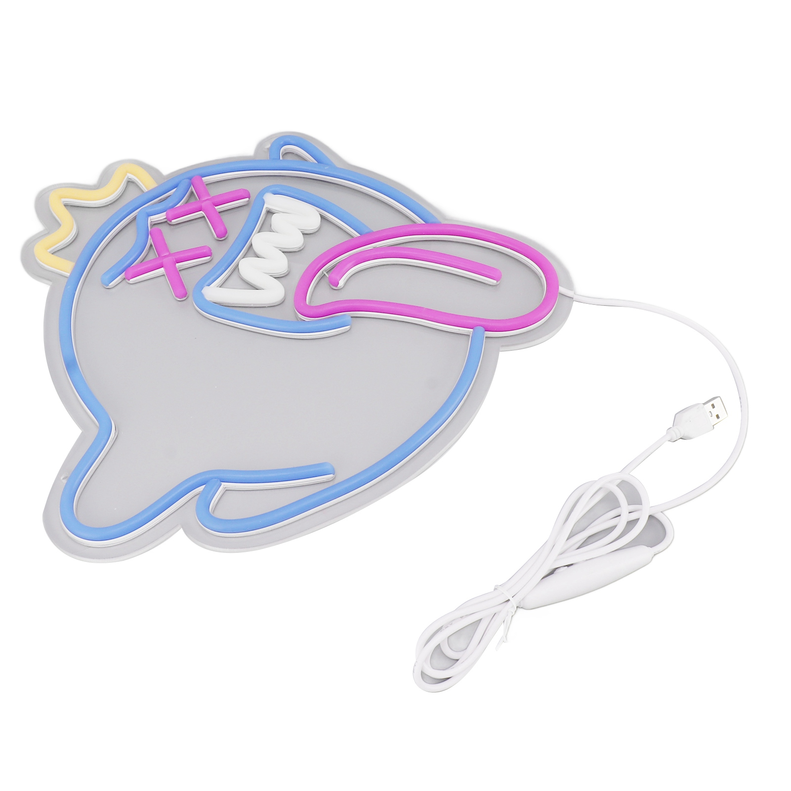 Neonlicht in Form eines Geistes mit rosa, blauen und gelben Umrissen. Es hat ein weißes USB-Kabel.
