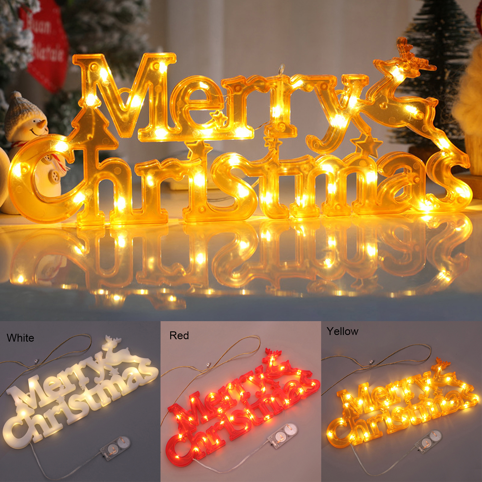 Ein leuchtendes 'Merry Christmas'-Schild in Gelb mit einem Rentier und drei Farboptionen: Weiß, Rot und Gelb.