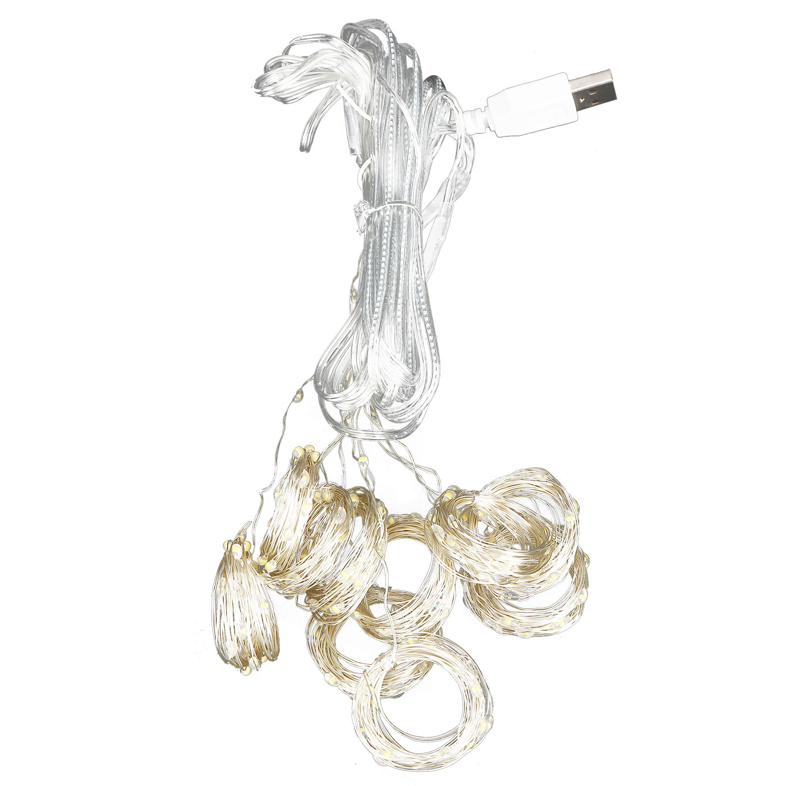 Lichterkette mit kleinen, runden Lichtern. Ein USB-Anschluss ist sichtbar. Die Lichter sind in kreisförmigen Bündeln angeordnet.