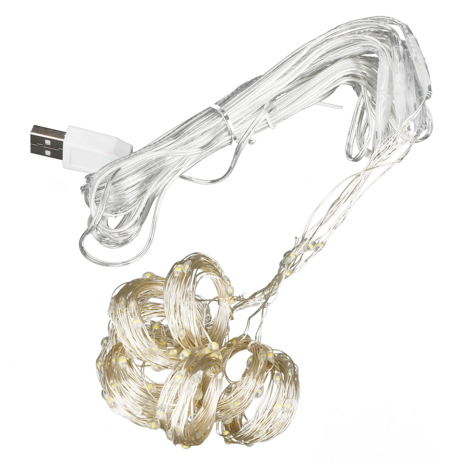 Eine Lichterkette mit USB-Anschluss. Die Lichter sind aufgerollt und haben kleine, klare Glühbirnen.