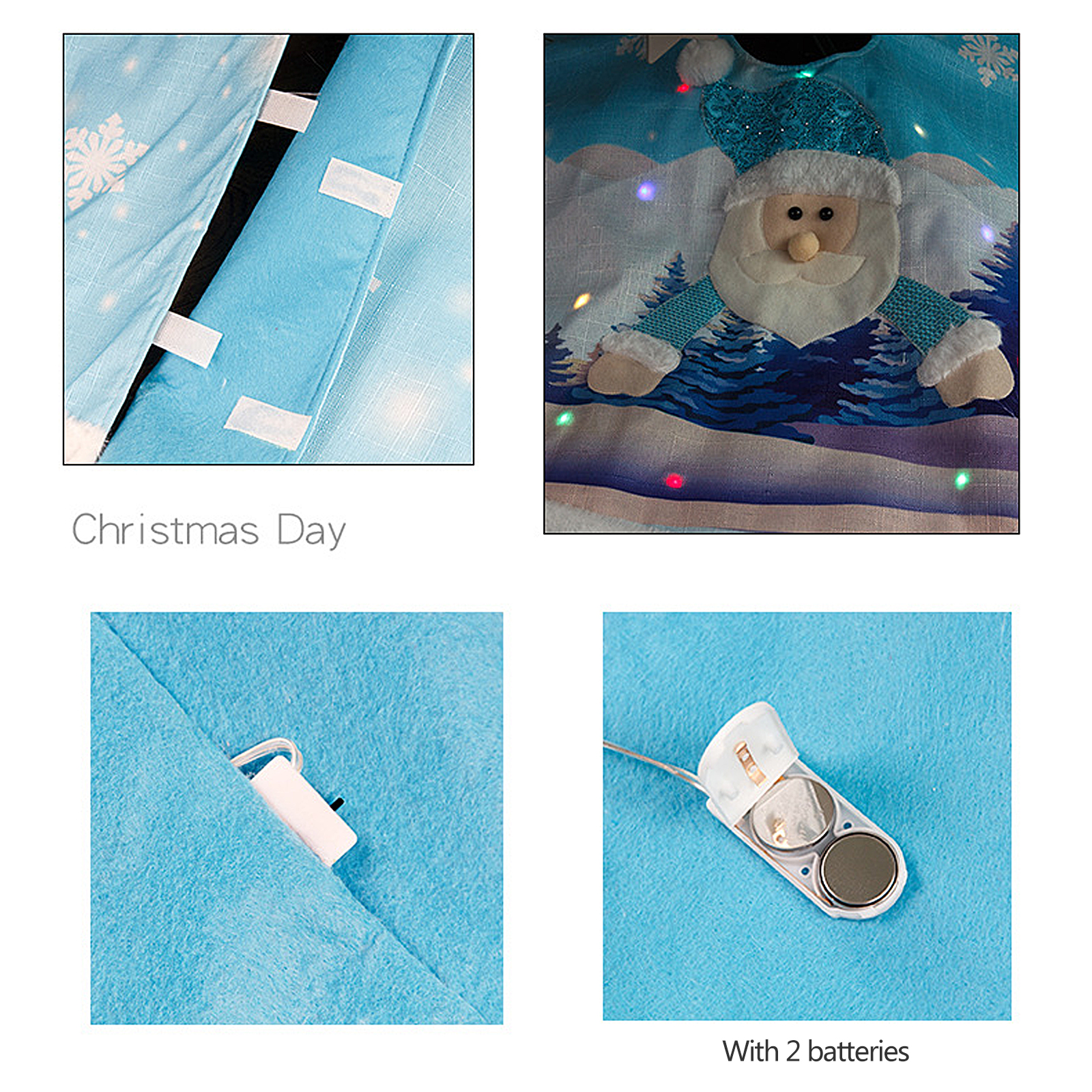 Blaue Weihnachtsdekoration mit Weihnachtsmannfigur, Schneeflockenmuster und Lichtern. Enthält ein Batteriefach mit zwei Batterien.