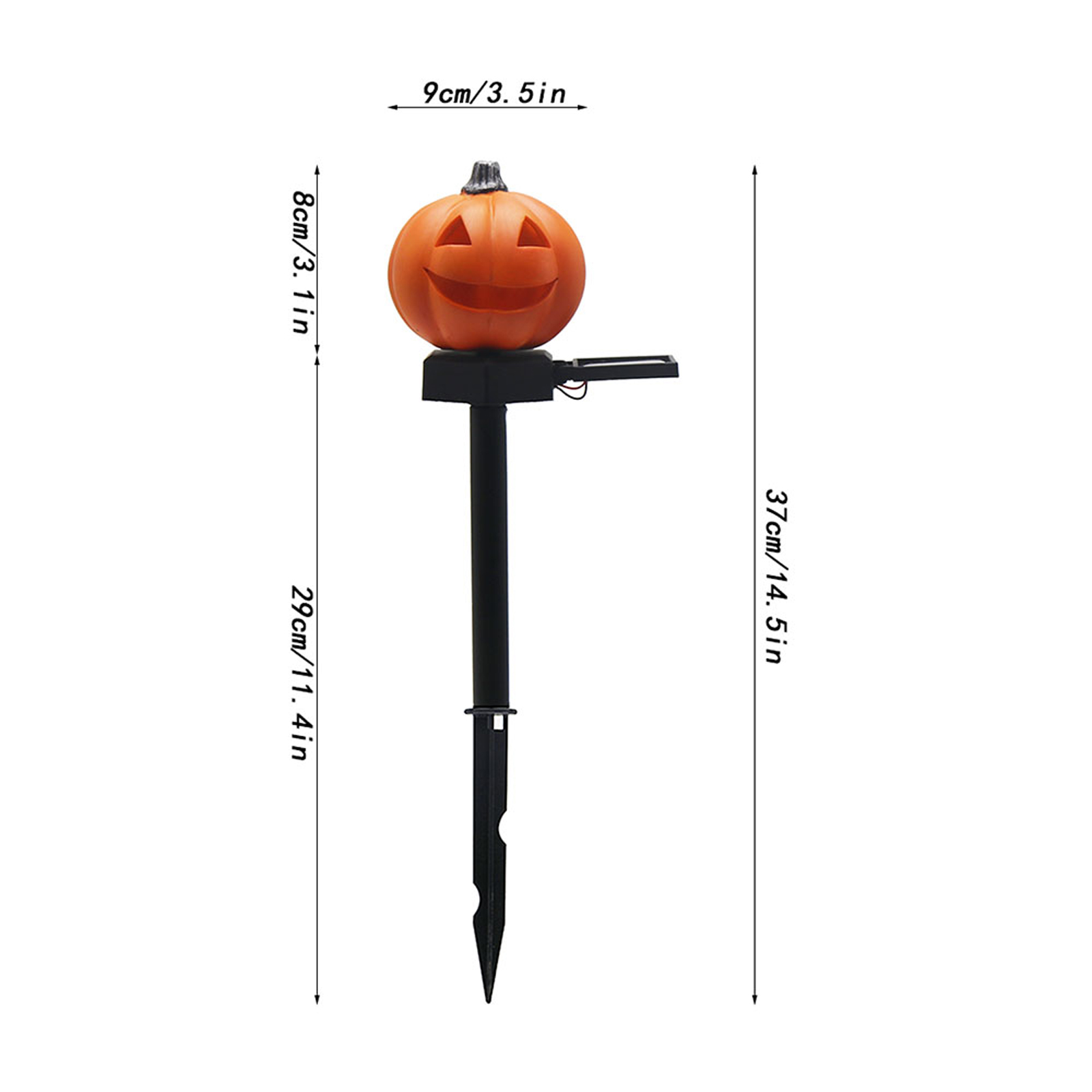 Eine orangefarbene Kürbis-Halloween-Dekoration auf einem schwarzen Pfahl, mit Maßen in cm und Zoll.
