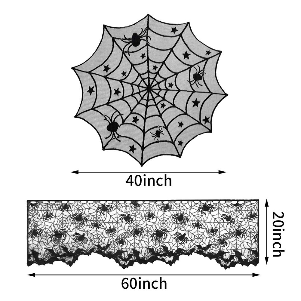 Zwei Halloween-Tischläufer: ein Spinnennetz-Design (40 Zoll) und ein Spinnen-Design (60 Zoll). Beide sind aus schwarzer Spitze.