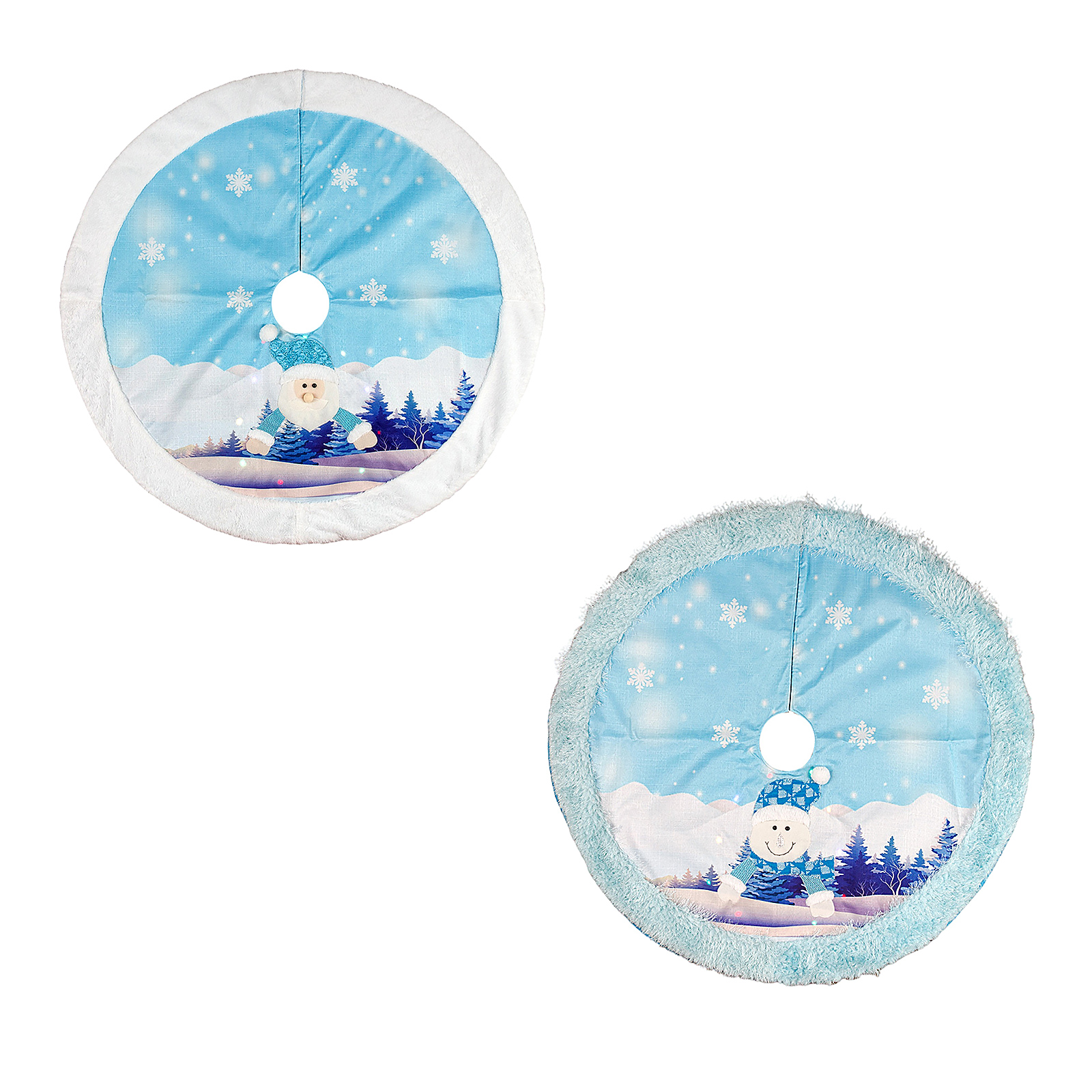 Zwei Weihnachtsbaumröcke. Beide haben ein Schneemann-Design auf hellblauem Hintergrund mit Schneeflocken und einem weißen Rand.