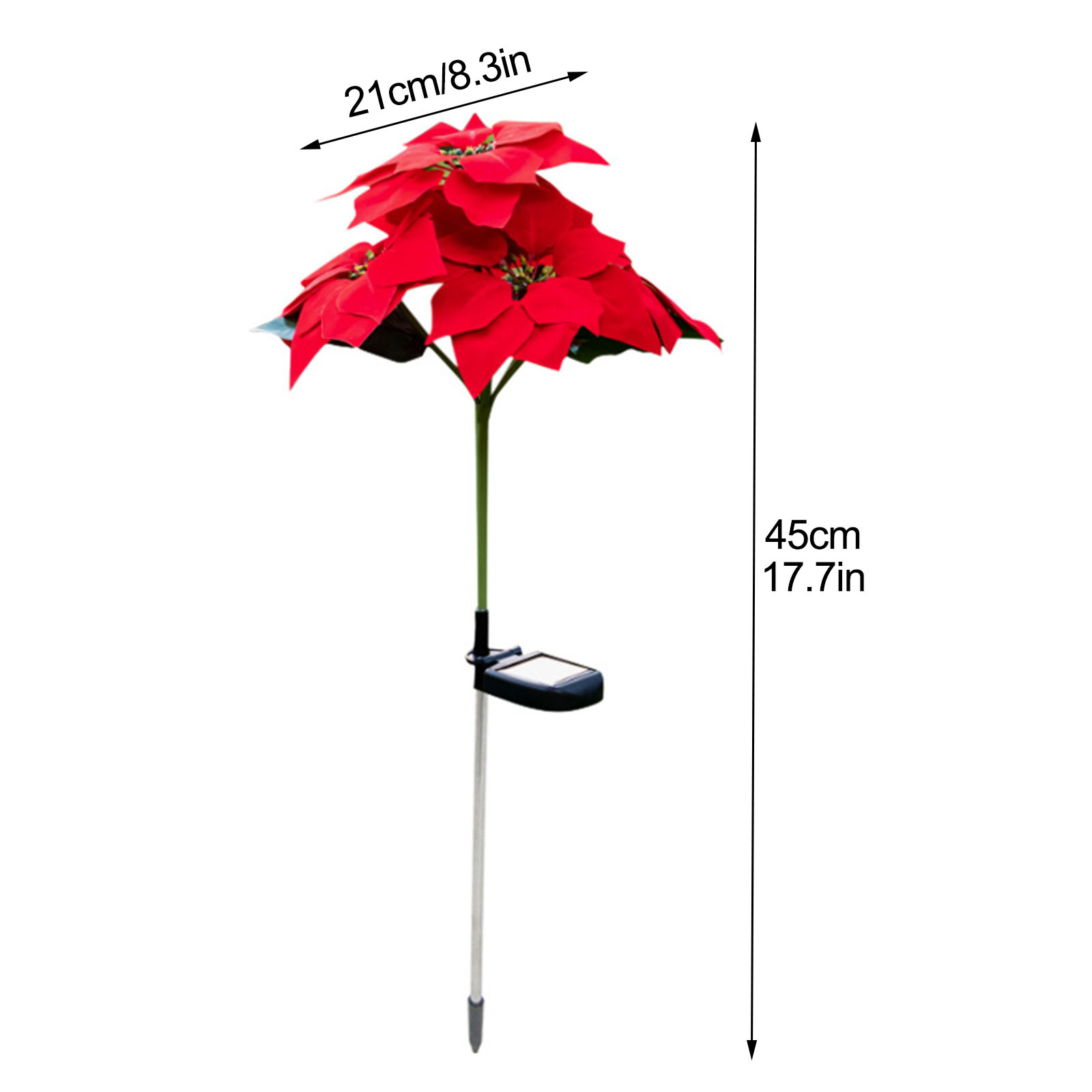 Ein solarbetriebener Gartenstecker mit Weihnachtsstern. Roter Blütenkopf an einem grünen Stiel mit Solarpanel. Maße: 21 cm/8,3 Zoll und 45 cm/17,7 Zoll.