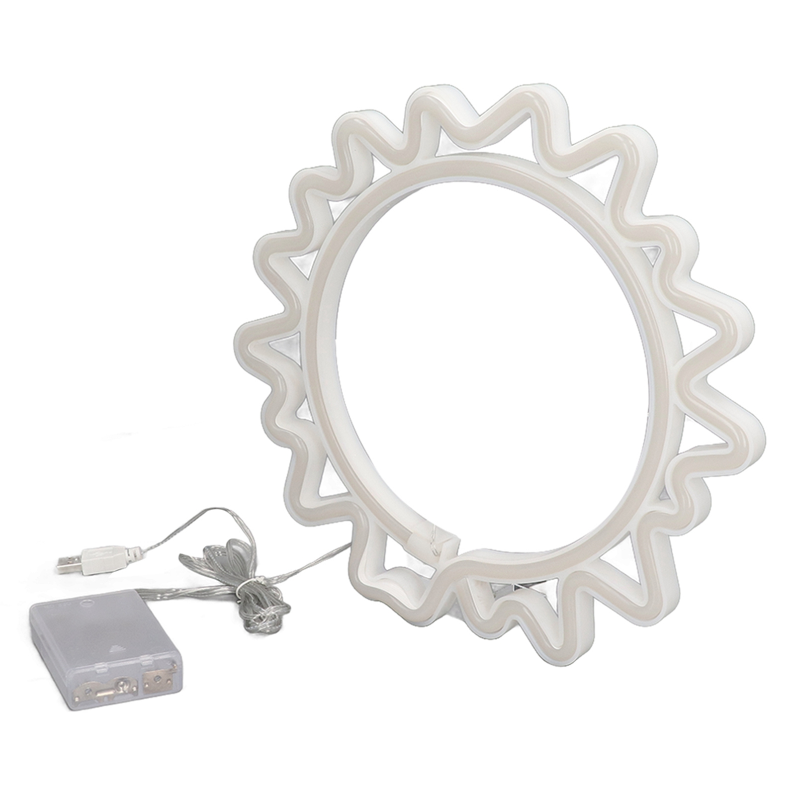 Ein weißes Neon-Sonnenschild. Es hat ein USB-Kabel und einen Akku. Isoliert auf weißem Hintergrund.