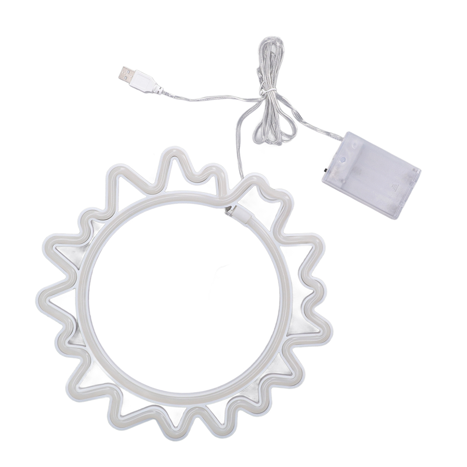 Eine weiße Neon-Sonne mit USB-Kabel und Akkupack vor weißem Hintergrund. Die Sonne hat einen wellenförmigen Rand.