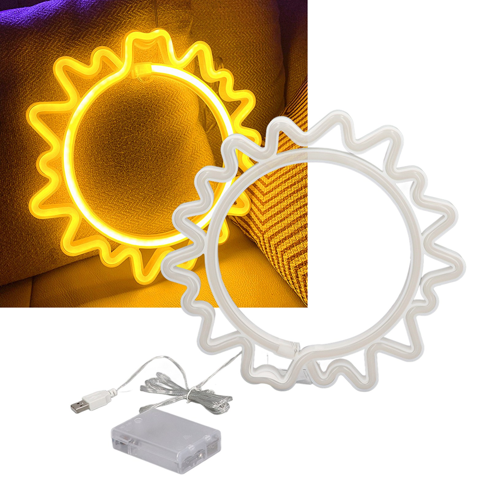 Ein neonfarbenes sonnenförmiges Licht, gelb, befindet sich auf einem gelben Kissen, und ein weißes sonnenförmiges Licht befindet sich daneben.
