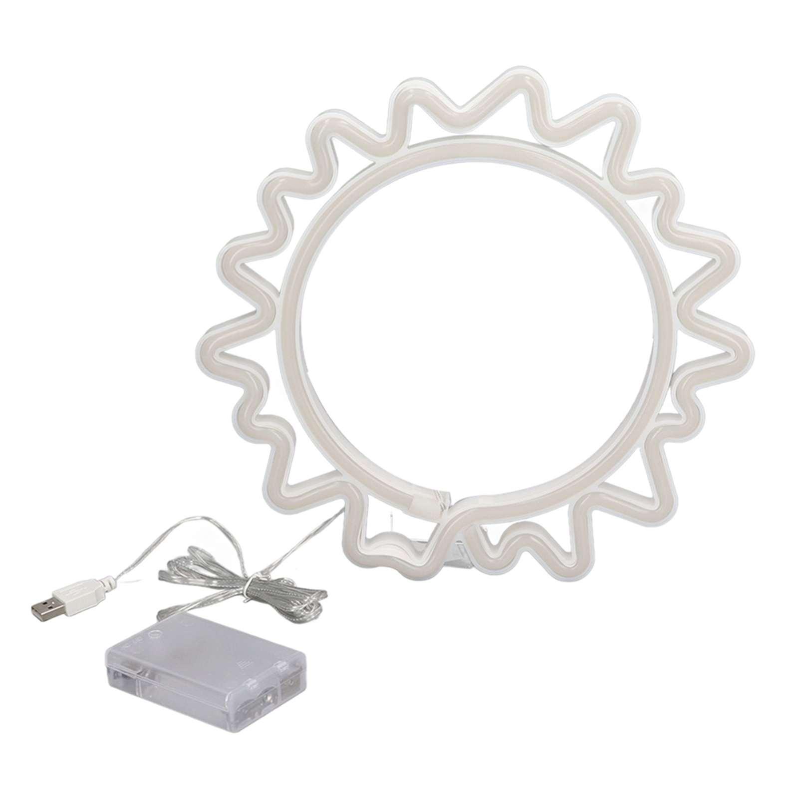 Ein weißes Neon-Sonnenschild mit USB-Kabel, Akku und weißem Hintergrund.