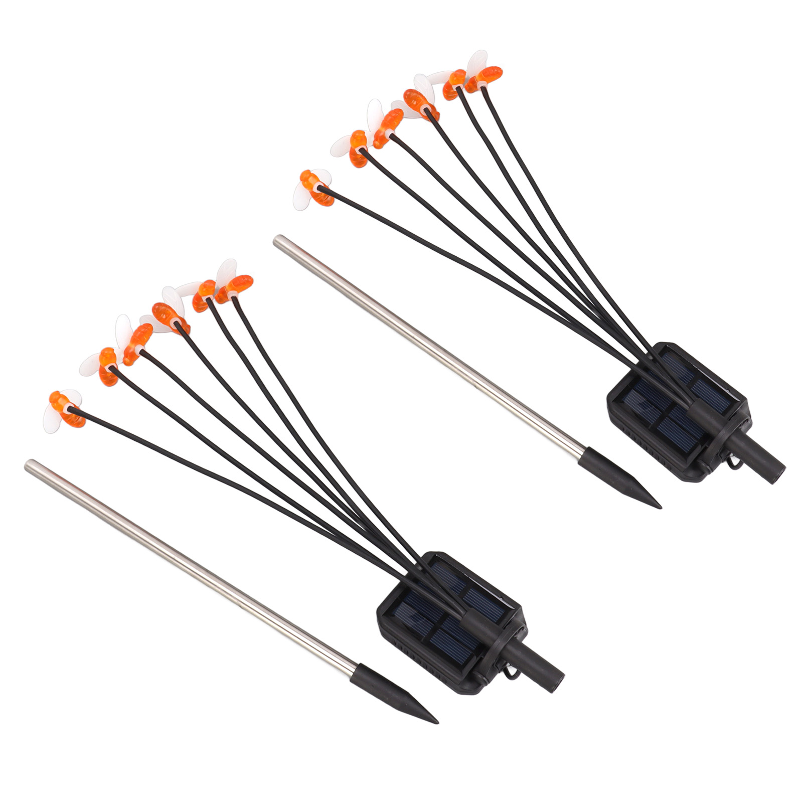 Zwei solarbetriebene Gartenstecker mit orangefarbenen bienenartigen Verzierungen. Jeder Stecker hat ein Solarpanel und eine schwarze Halterung.
