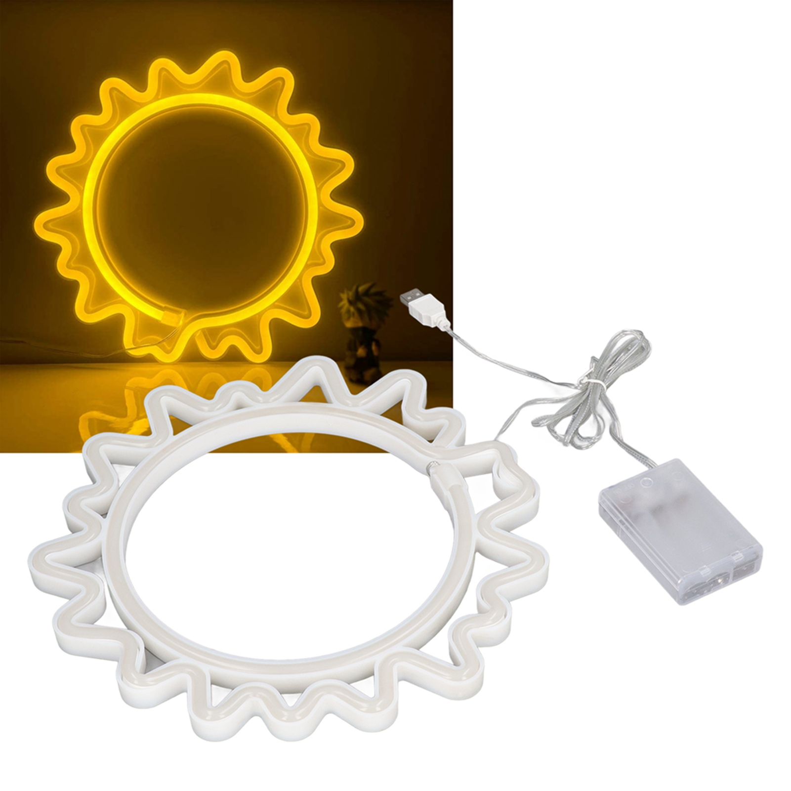 Gezeigt wird ein neonfarbenes sonnenförmiges Licht. Das Licht ist gelb, wenn es leuchtet. Ein weißer Kunststoffrahmen ist ebenfalls vorhanden.