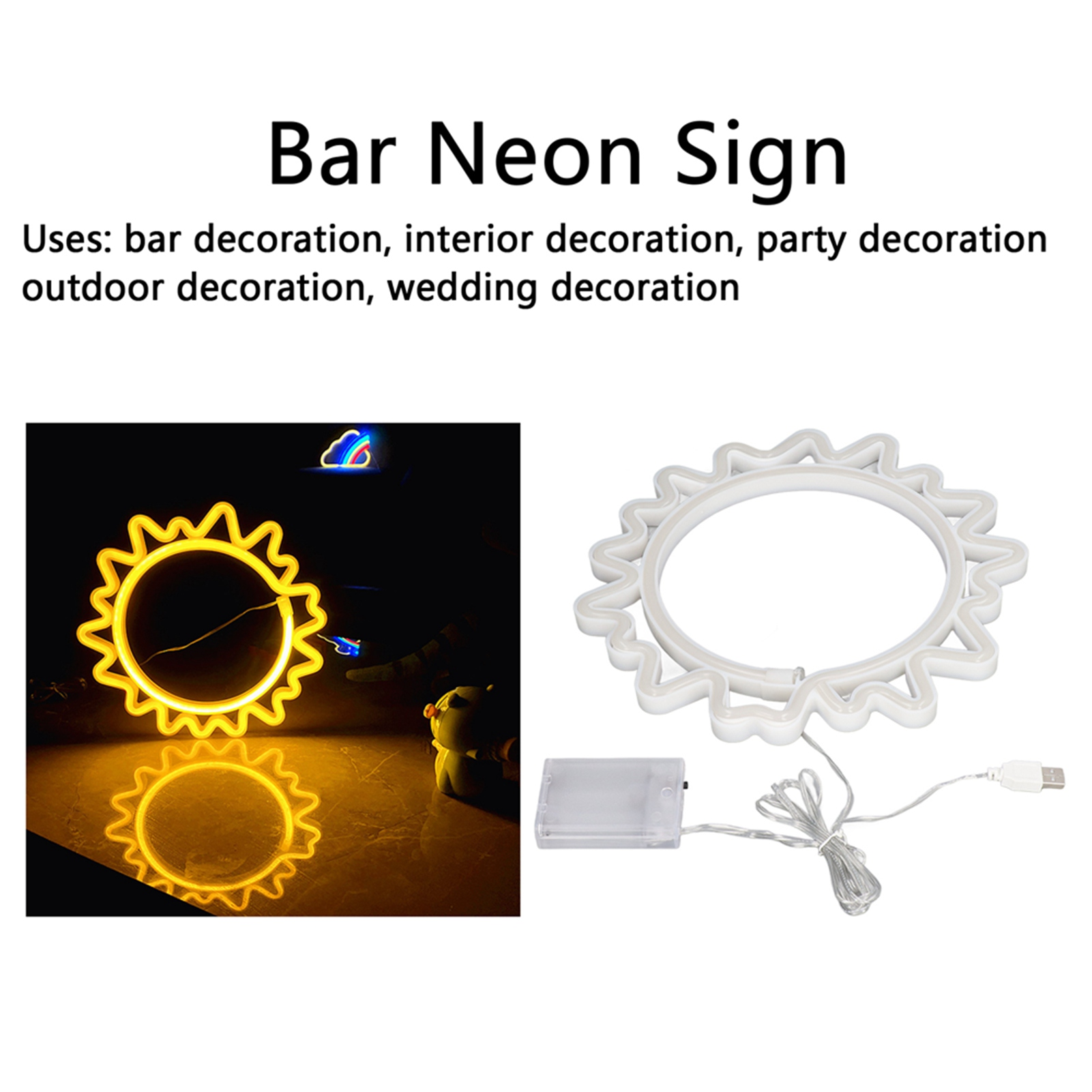 Das Bild zeigt ein Neon-Schild mit Text darüber. Es hat eine gelbe Sonne und eine weiße Sonnenkontur. Es ist für Bar, Party und Hochzeit.