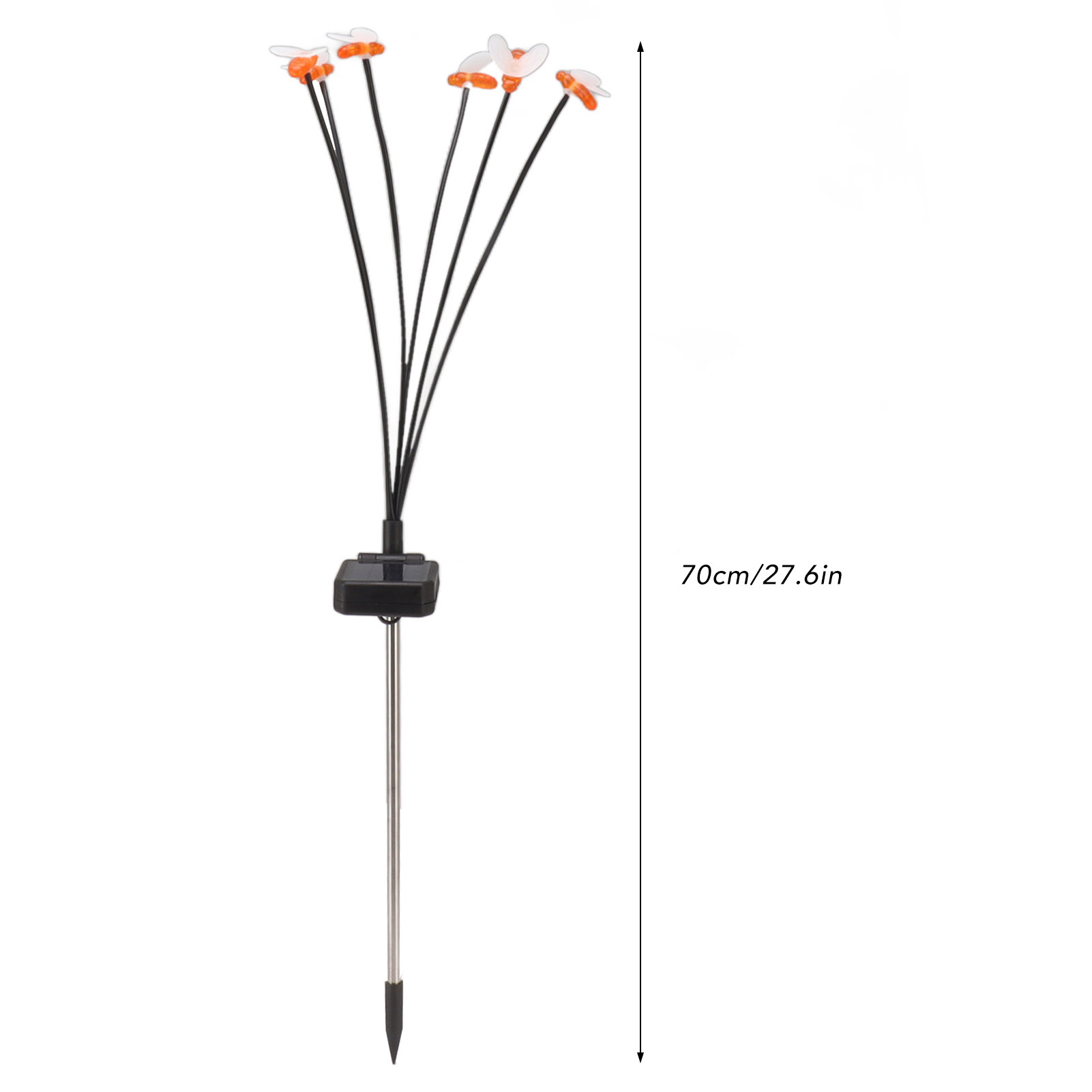 Ein solarbetriebener Gartenstecker mit Blumenlichtern. Jede Blume hat weiße Blütenblätter und orangefarbene Zentren. Der Pfahl ist 70 cm lang.
