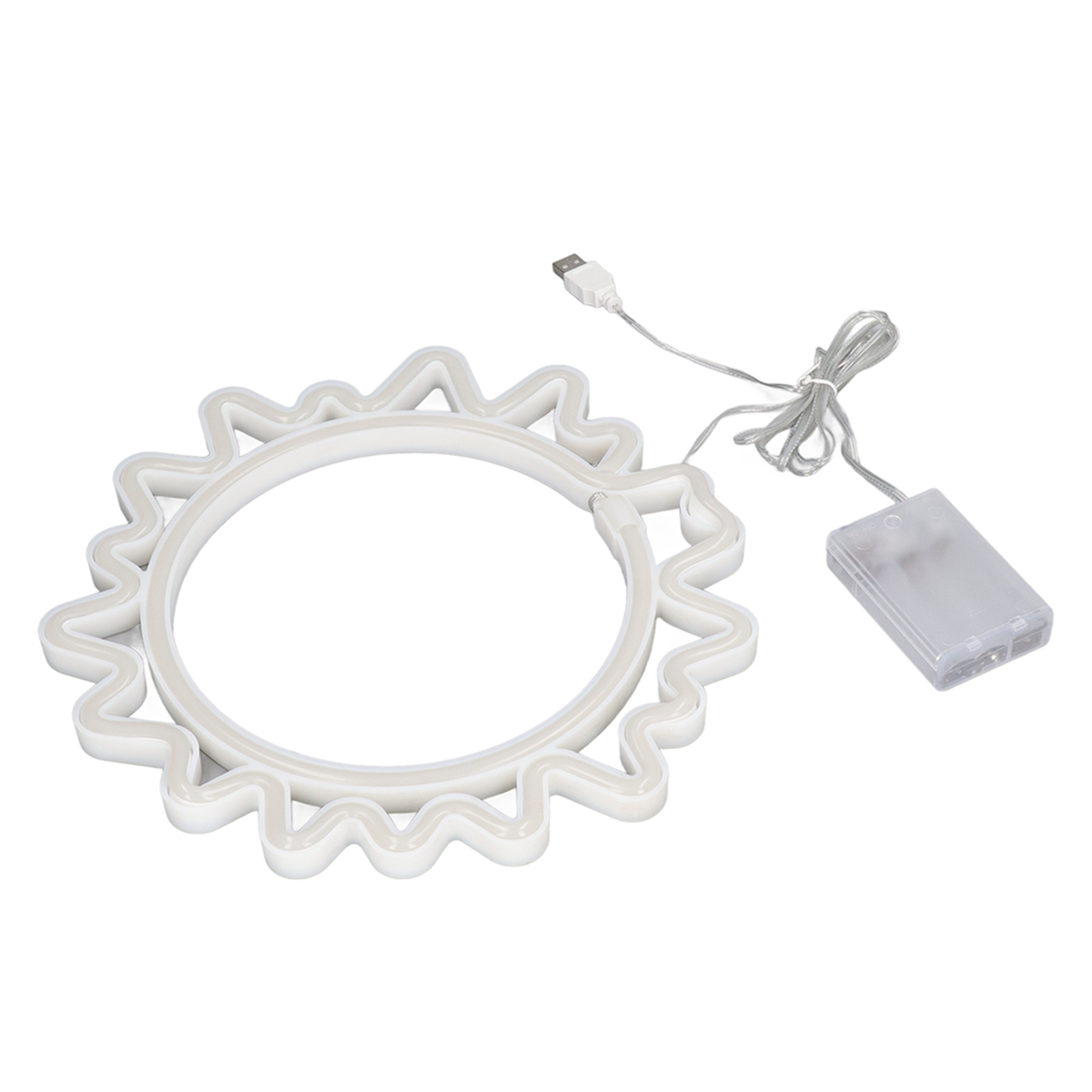 Ein weißes, sonnenförmiges LED-Licht mit USB-Kabel und Akku, vor weißem Hintergrund.