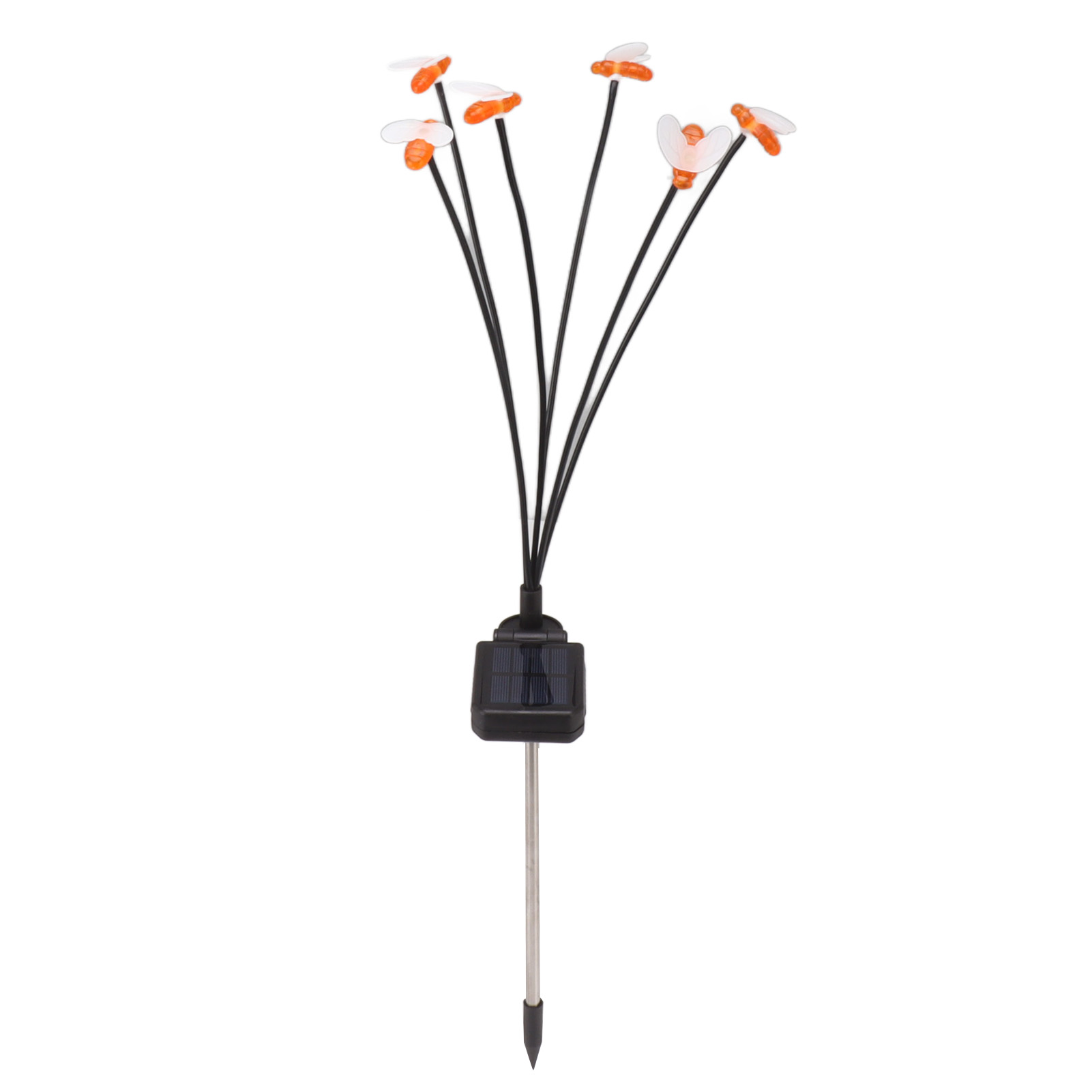 Solar-Gartenleuchte mit schwarzen Stielen, orangefarbenen und weißen schmetterlingsförmigen Lichtern, einem schwarzen Solarpanel und einem Metallpfahl.