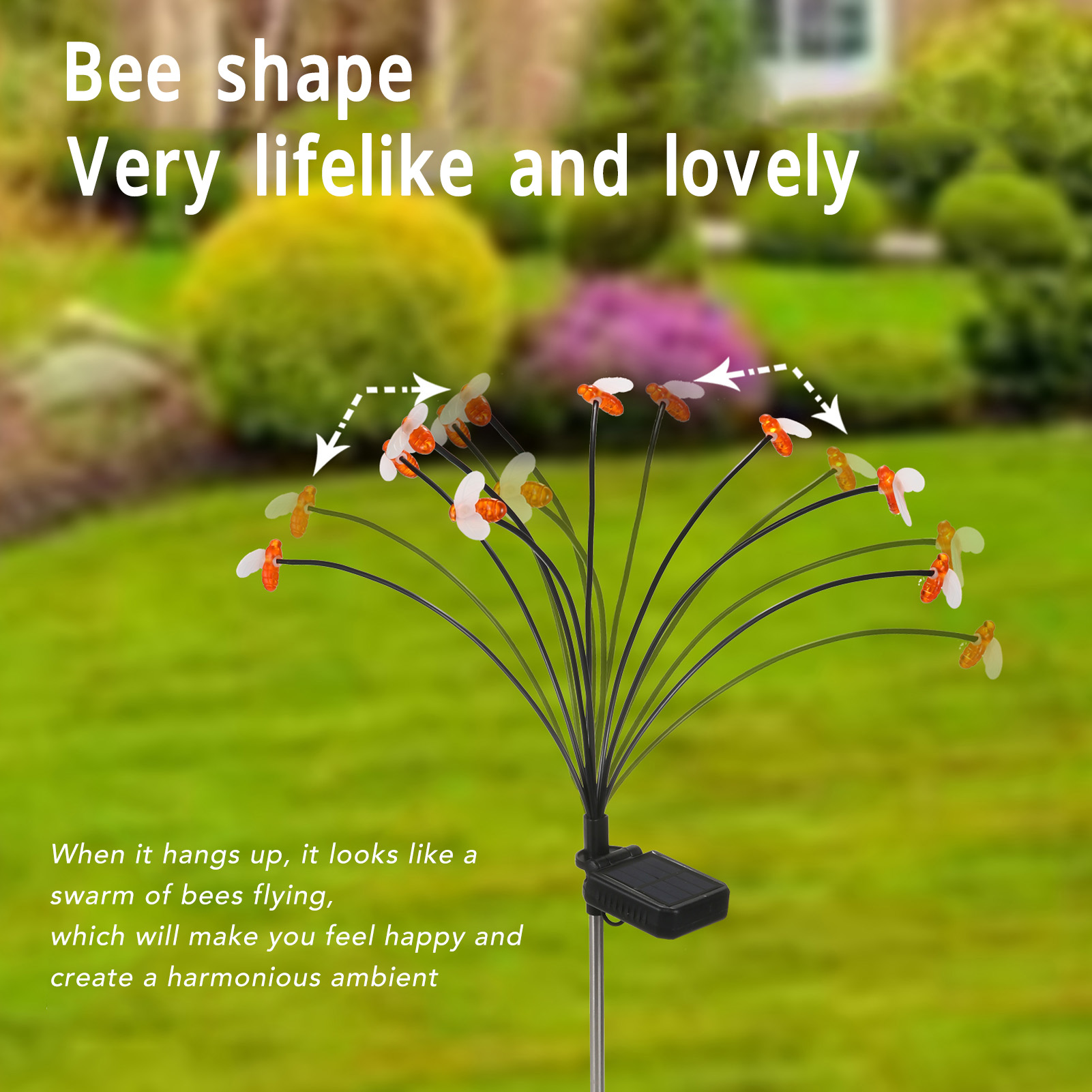 Ein bienenförmiges Rasenornament mit weißen und orangefarbenen Flügeln. Es soll einem Schwarm fliegender Bienen ähneln.