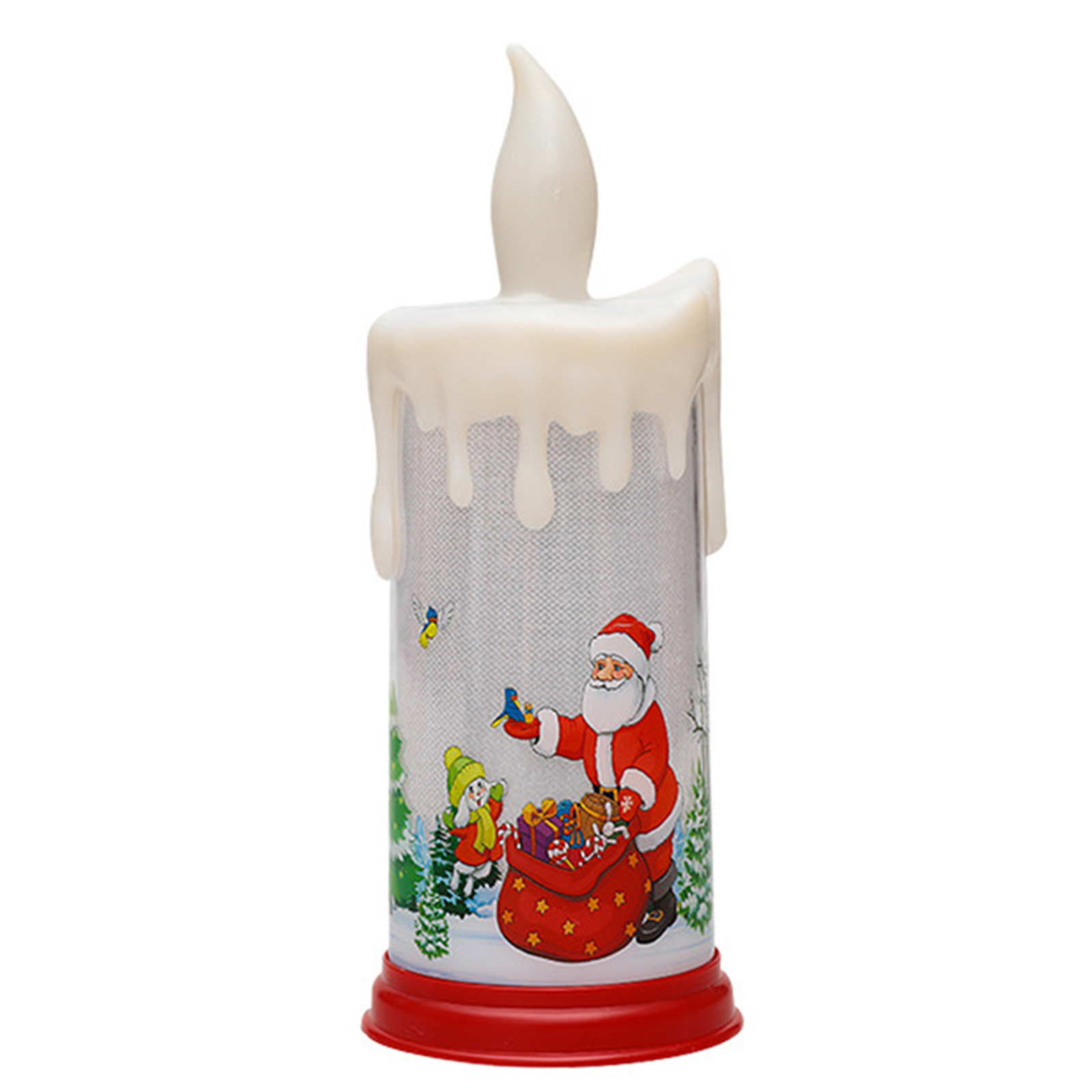 Eine Weihnachtskerze mit Weihnachtsmann und Kind, roter Basis und weißer Oberseite mit Flammenform.