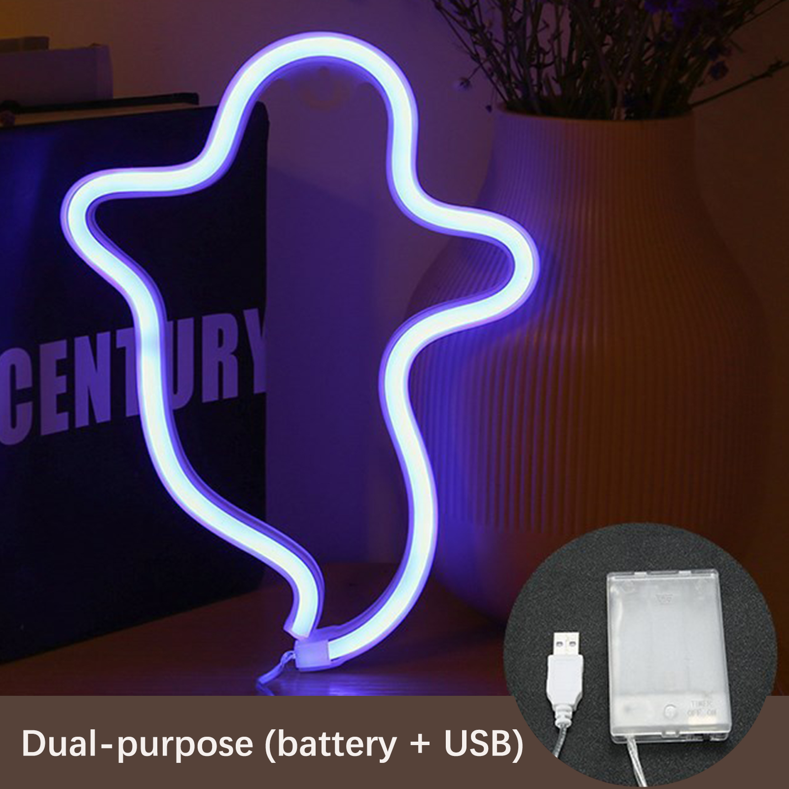 Ein neonfarbenes Geisterlicht, weißer Umriss mit blauem Glühen. Im Hintergrund eine Vase mit Blumen. Batterie- und USB-Optionen.