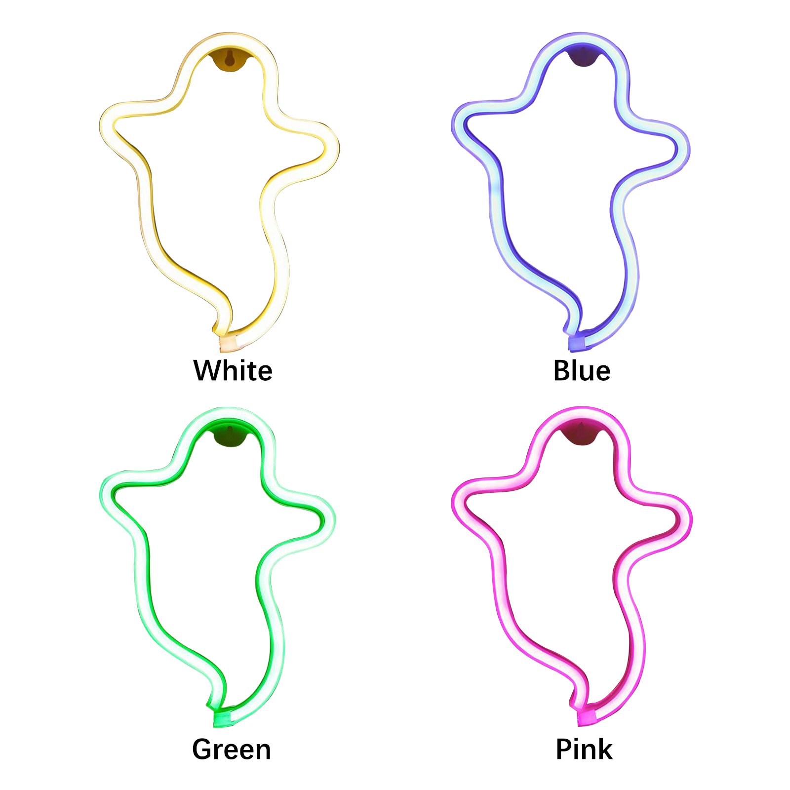 Vier Neon-Geister-Schilder in Weiß, Blau, Grün und Pink. Jeder Geist ist mit hellem, farbigem Licht umrandet.