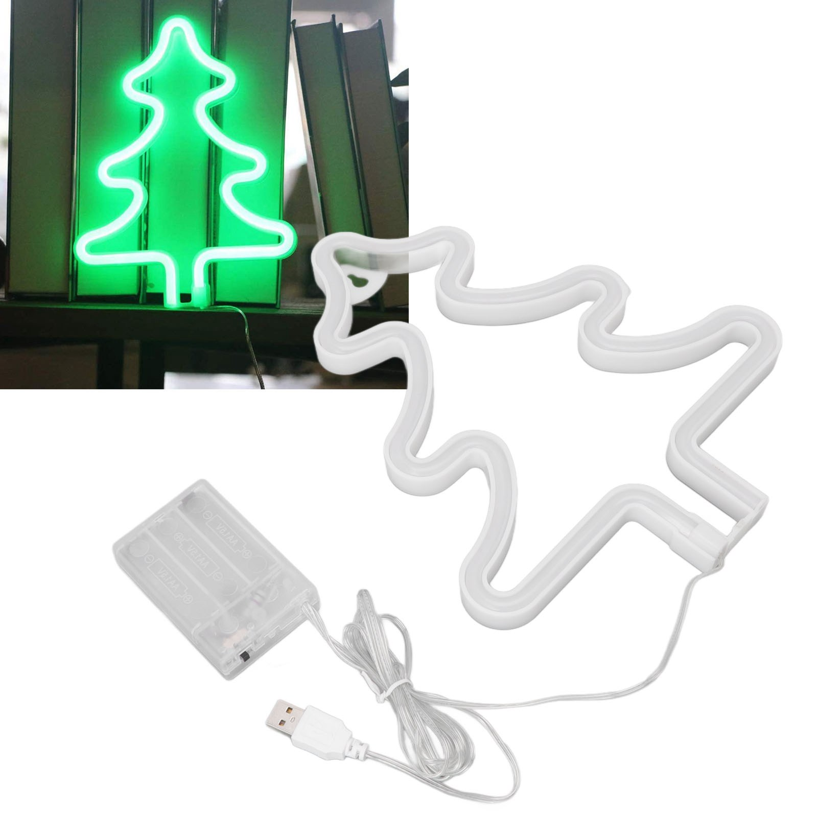 Ein neongrünes Weihnachtsbaumlicht und eine weiße Baumkontur. Enthält ein Akkupack und ein USB-Kabel.