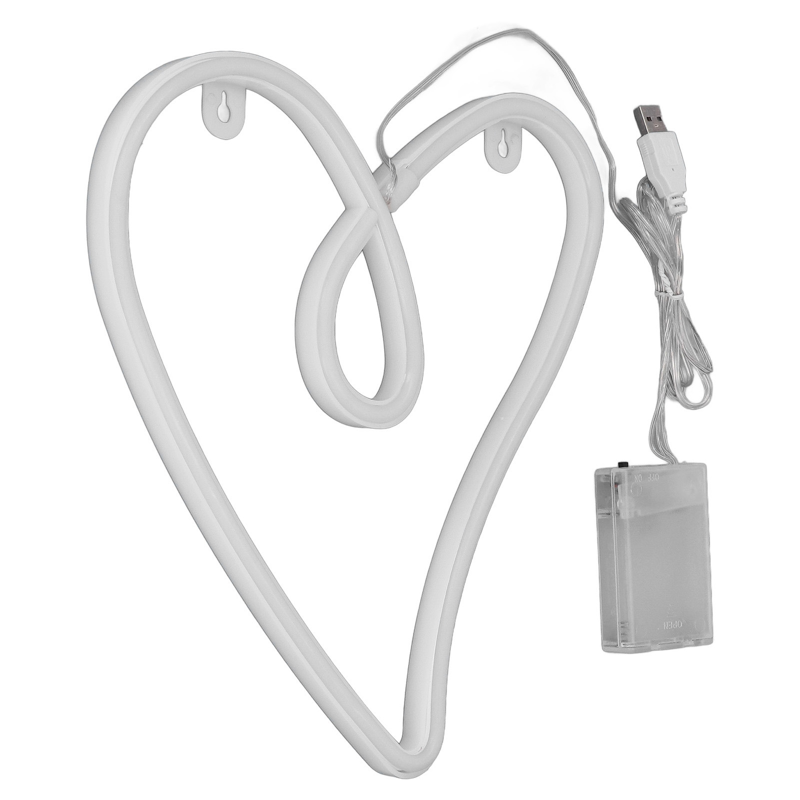 Ein weißes Neonherz mit USB-Kabel und Akku auf weißem Hintergrund.