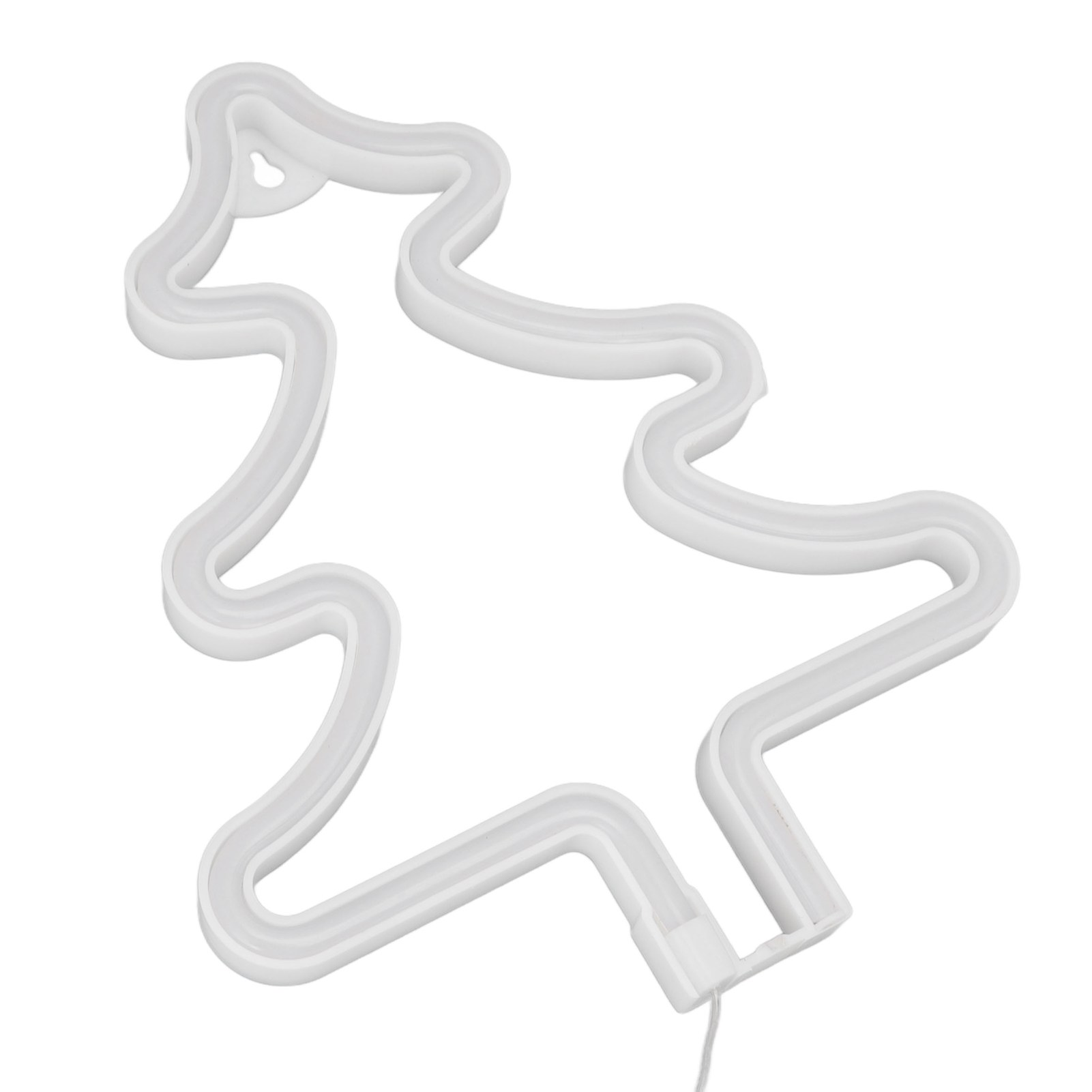 Eine weiße Neon-Umrisslinie eines Weihnachtsbaums auf weißem Hintergrund. Ein Stromkabel geht von der Basis aus.