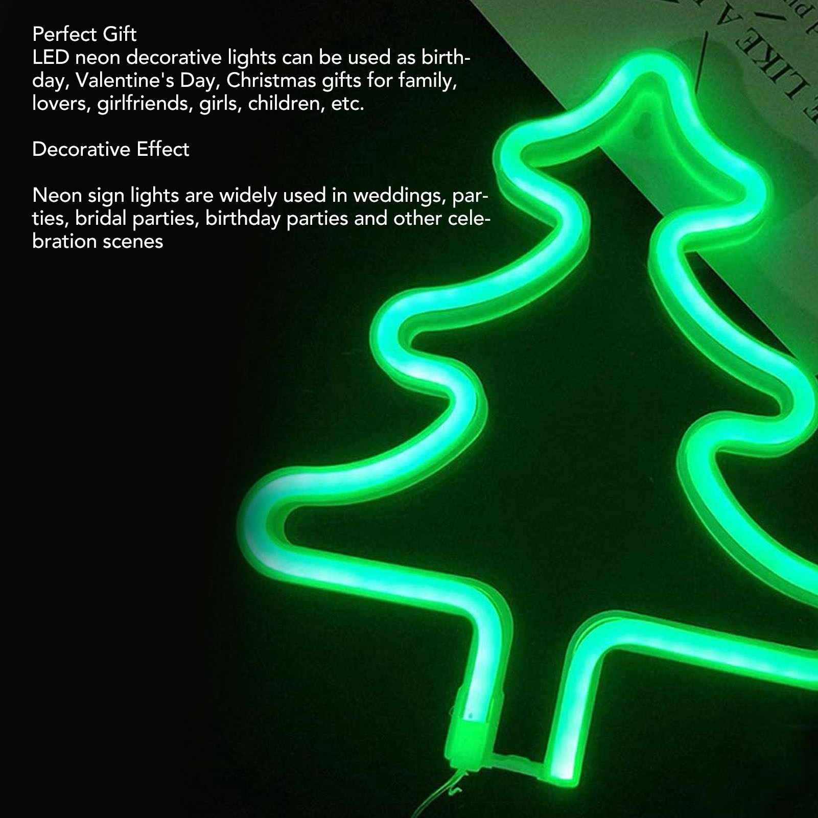 Neongrünes baumförmiges Licht auf dunklem Hintergrund. Text über Geschenke und Dekorationseffekte.