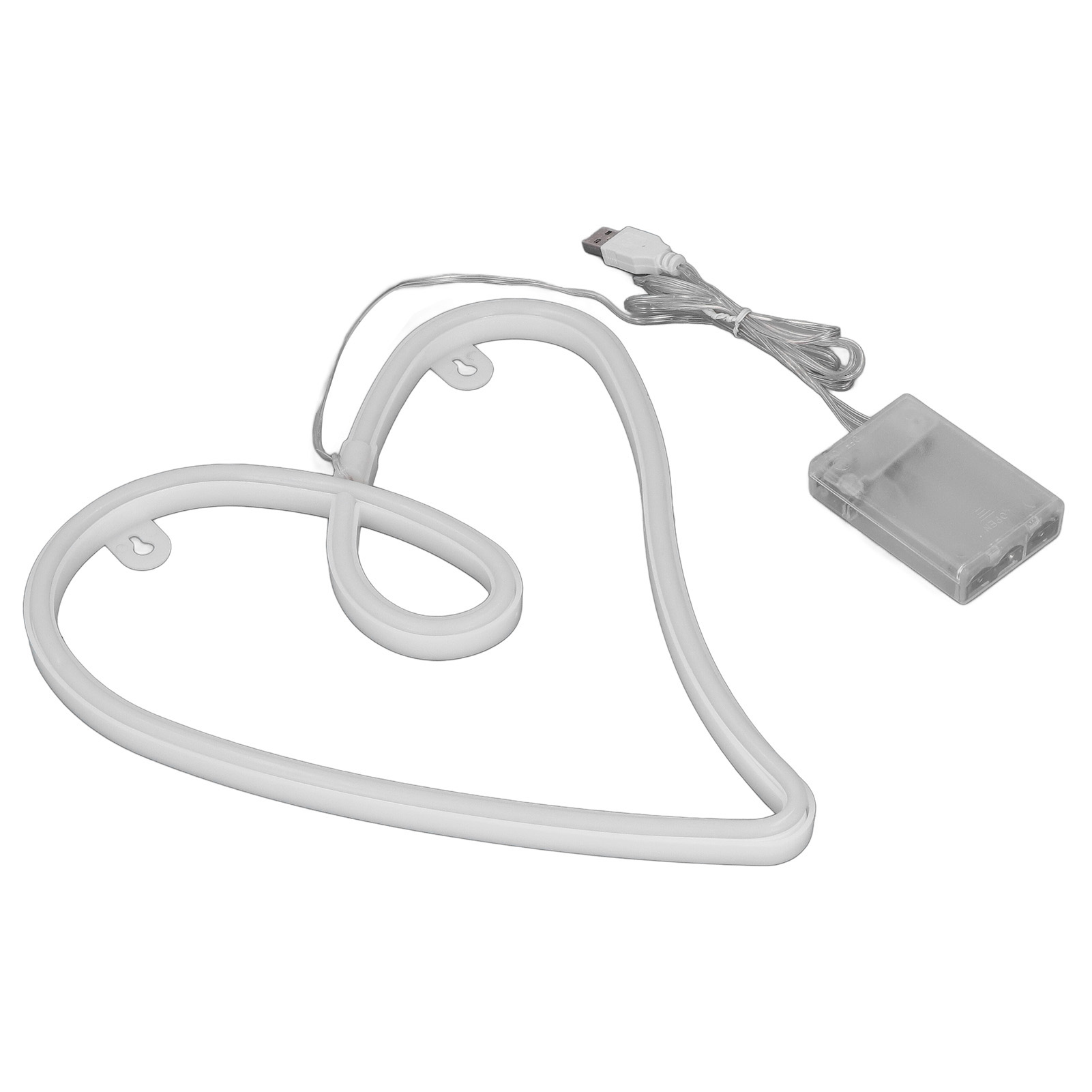Ein weißes Neonherz mit USB-Kabel und Akku-Pack auf weißem Hintergrund.