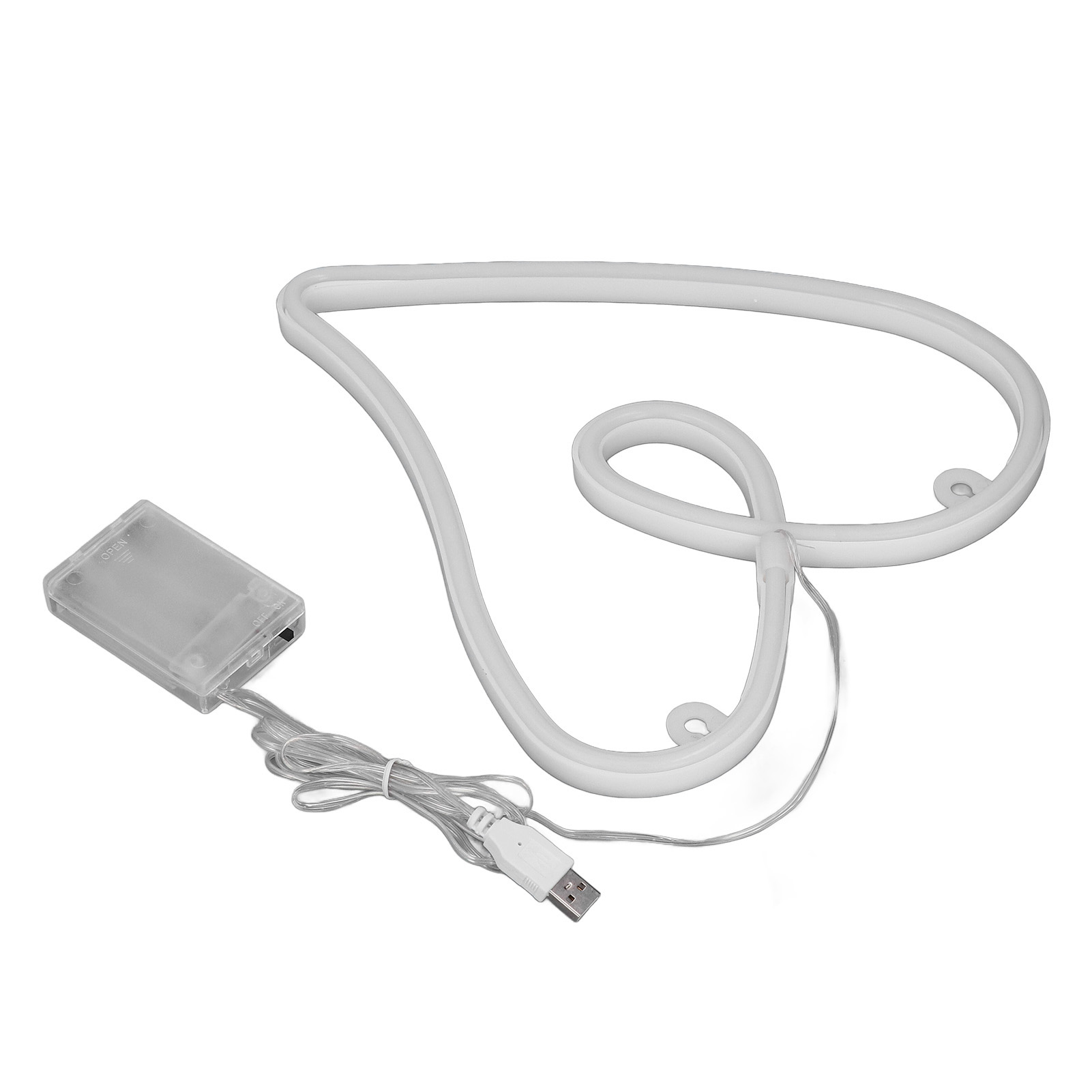 Ein weißes Neonherz mit USB-Anschluss und Akkupack auf weißem Hintergrund.