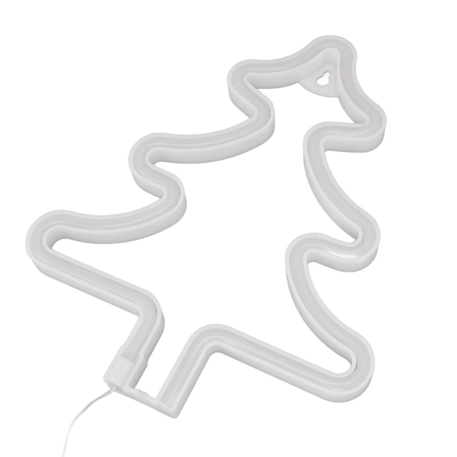 Weißer Neon-Weihnachtsbaum auf weißem Hintergrund. Ein Draht geht von der Basis aus.